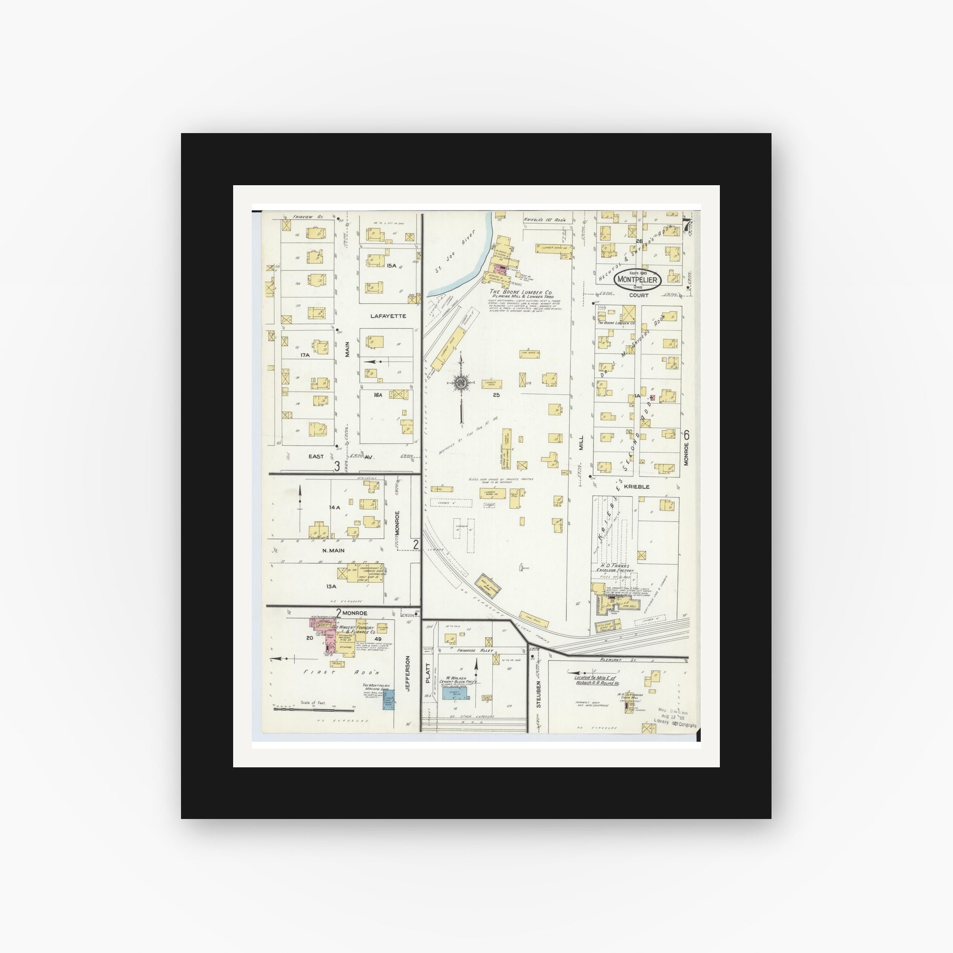 Old map wall art mockup — black gallery frame with white mat — Sanborn Fire Insurance Map from Montpelier, Williams County, Ohio (1910), Sheet #0007
