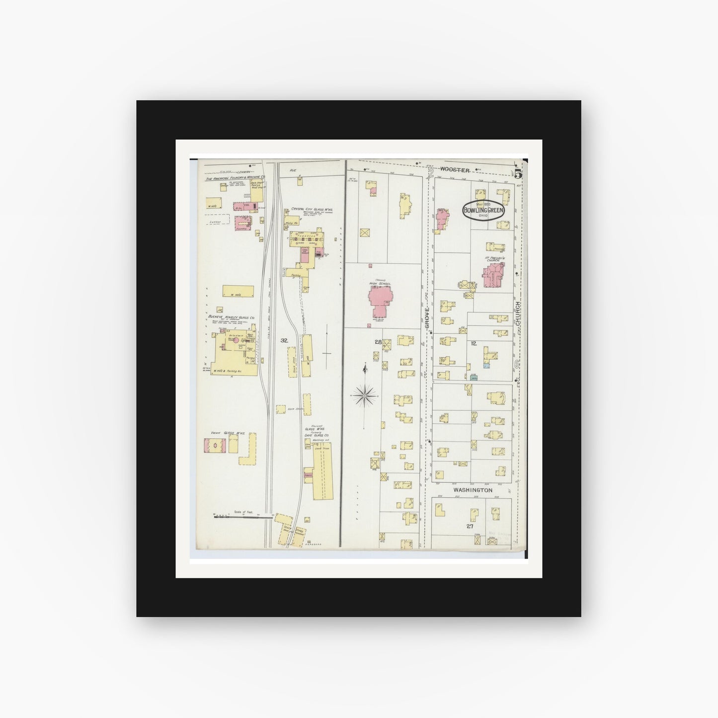 Old map wall art mockup — black gallery frame with white mat — Sanborn Fire Insurance Map from Bowling Green, Wood County, Ohio (1893), Sheet #0005