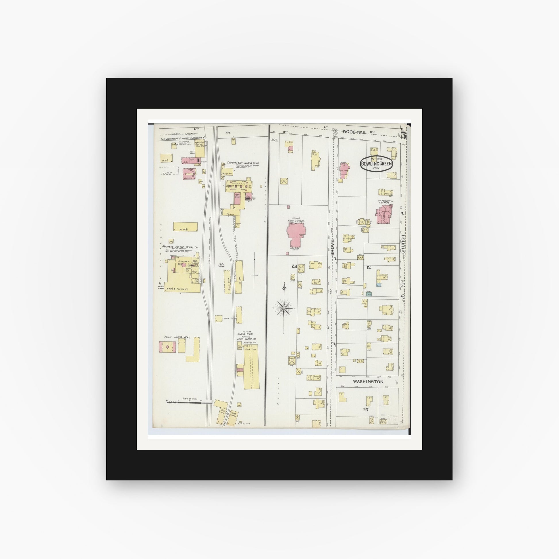 Old map wall art mockup — black gallery frame with white mat — Sanborn Fire Insurance Map from Bowling Green, Wood County, Ohio (1893), Sheet #0005