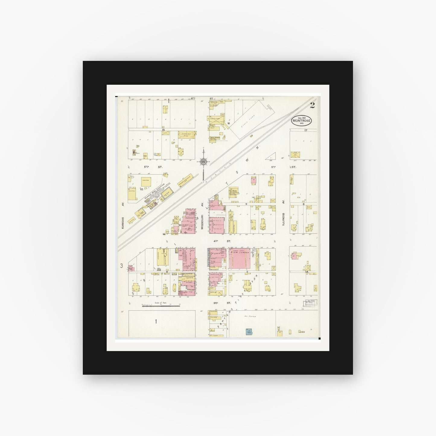 Old map wall art mockup — black gallery frame with white mat — Sanborn Fire Insurance Map from Montrose, Henry County, Missouri (1910), Sheet #0002
