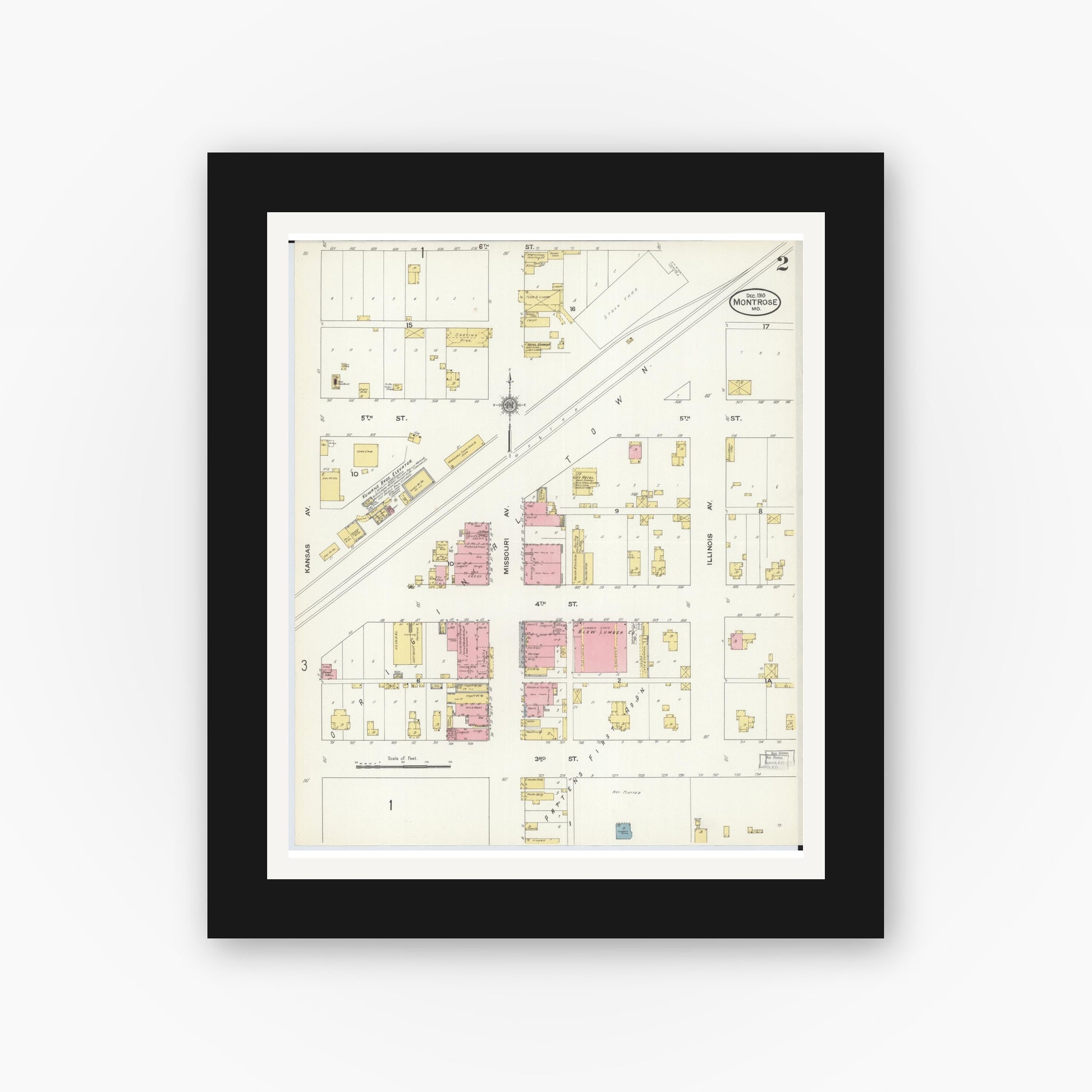 Old map wall art mockup — black gallery frame with white mat — Sanborn Fire Insurance Map from Montrose, Henry County, Missouri (1910), Sheet #0002