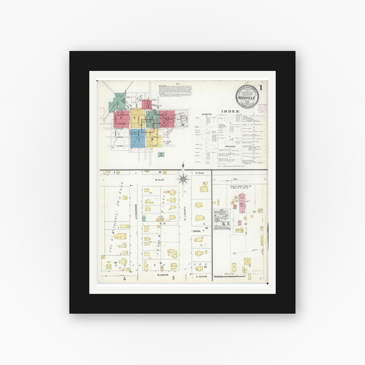 Old map wall art mockup — black gallery frame with white mat — Sanborn Fire Insurance Map from Rushville, Schuyler County, Illinois (1906) - Complete Map Set