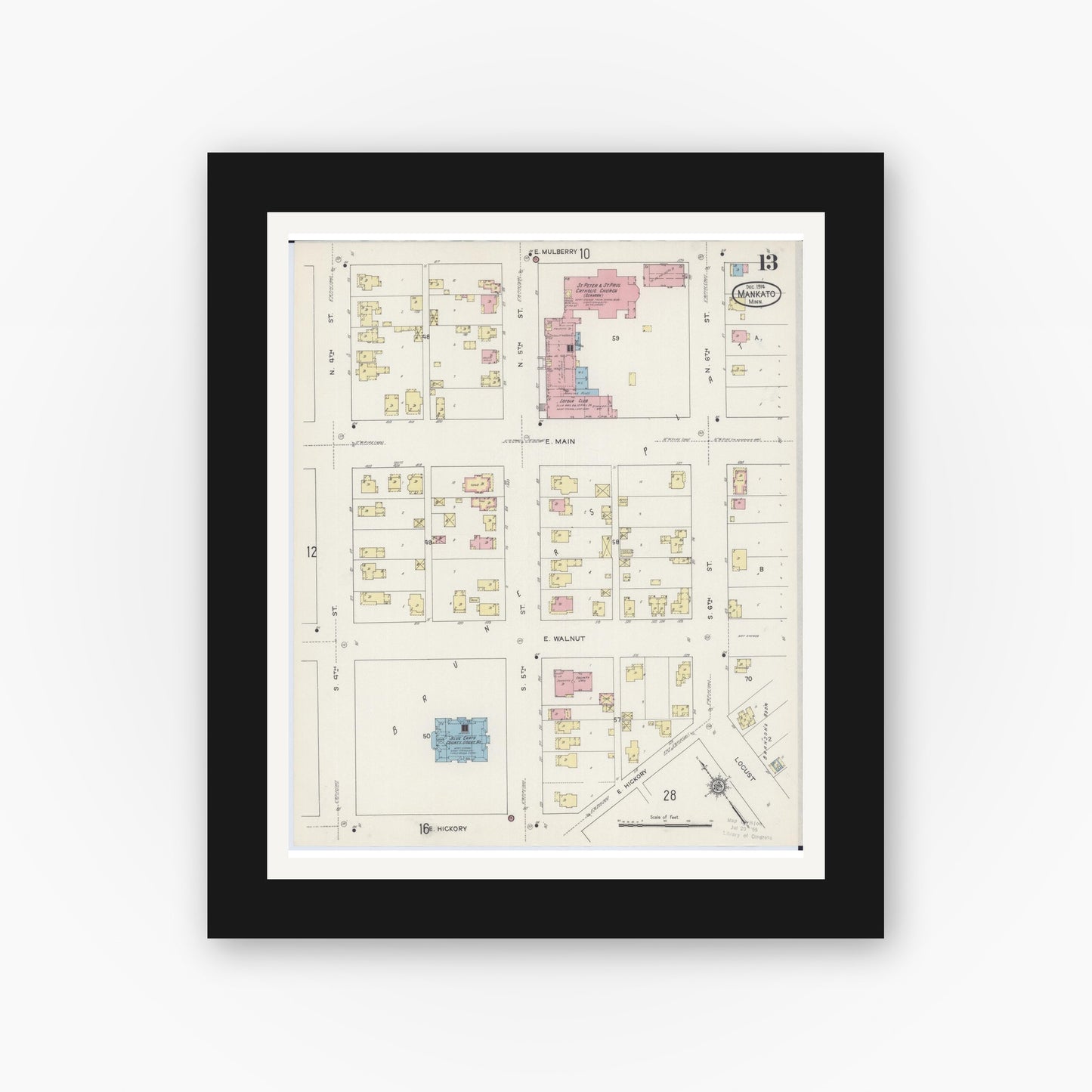 Old map wall art mockup — black gallery frame with white mat — Sanborn Fire Insurance Map from Mankato, Blue Earth County, Minnesota (1914), Sheet #0013