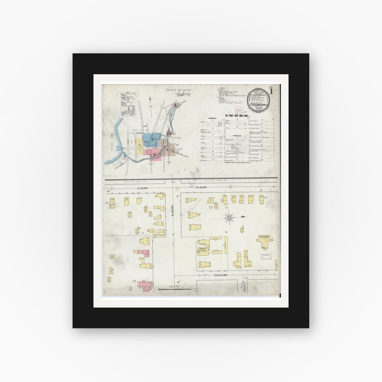Old map wall art mockup — black gallery frame with white mat — Sanborn Fire Insurance Map from Cazenovia, Madison County, New York (1895), Sheet #0001