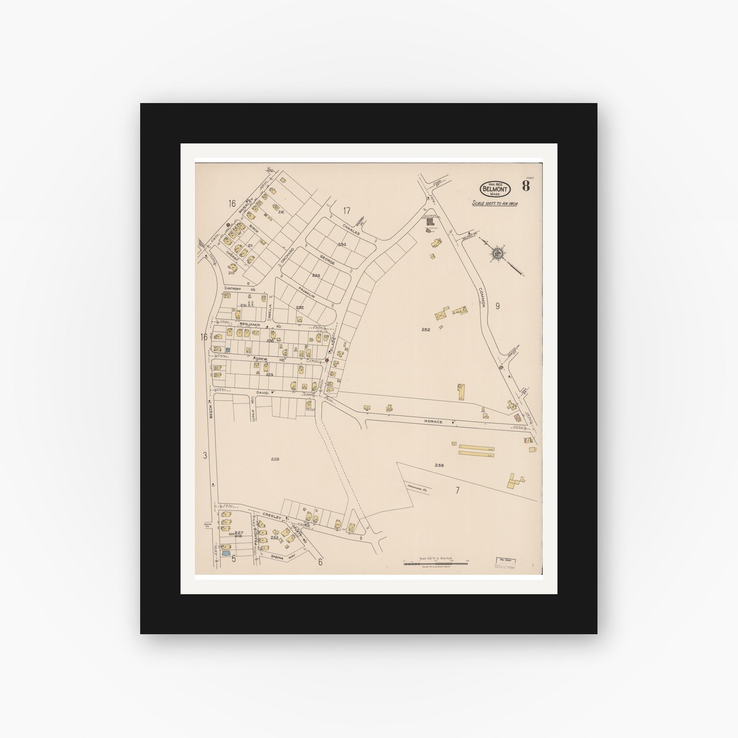 Old map wall art mockup — black gallery frame with white mat — Sanborn Fire Insurance Map from Belmont, Middlesex County, Massachusetts (1922), Sheet #0008