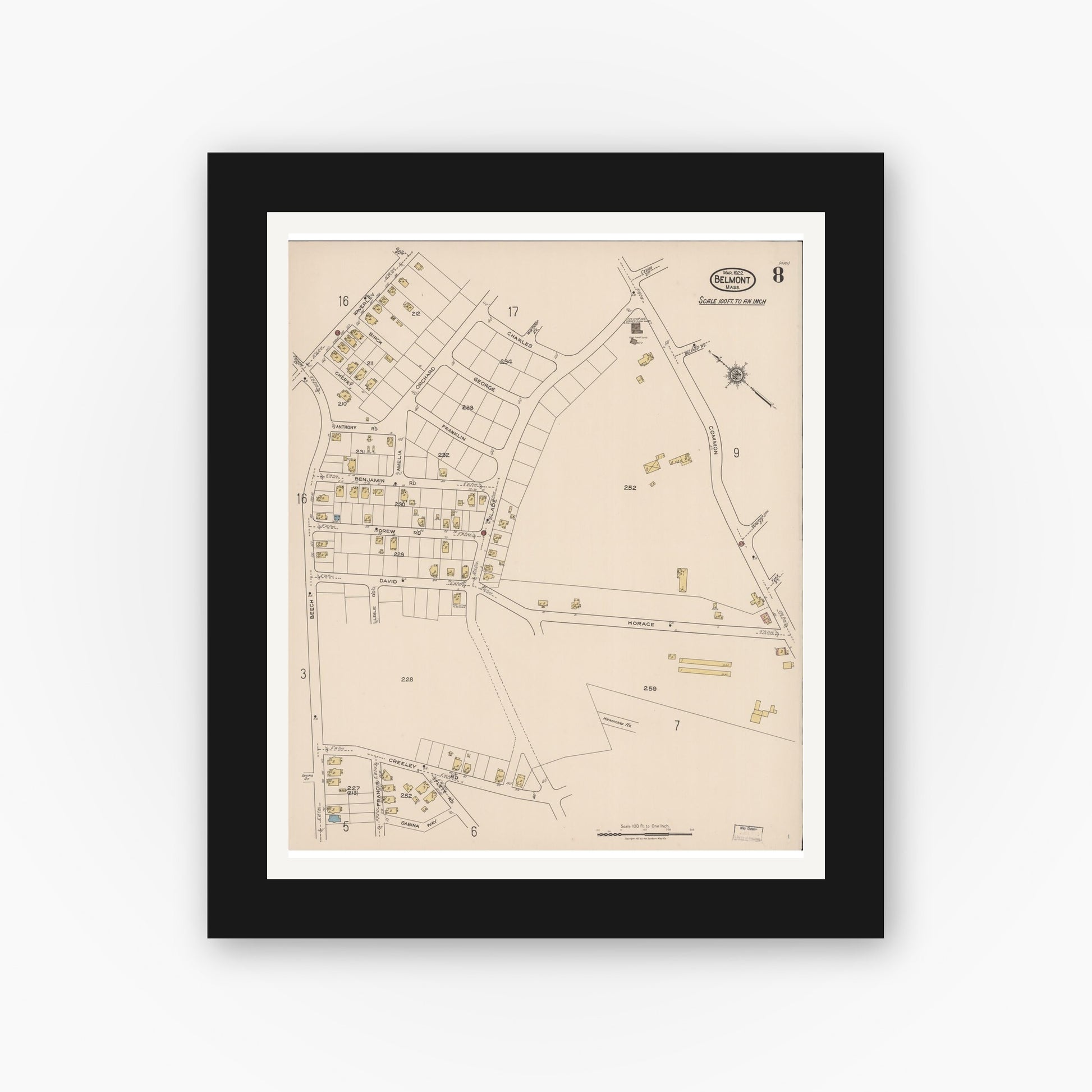 Old map wall art mockup — black gallery frame with white mat — Sanborn Fire Insurance Map from Belmont, Middlesex County, Massachusetts (1922), Sheet #0008