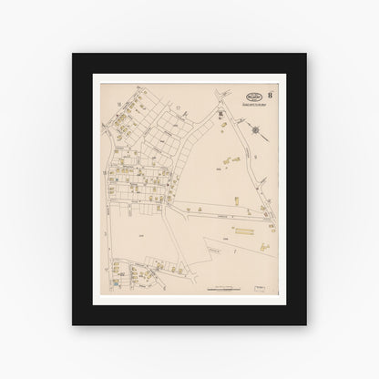 Old map wall art mockup — black gallery frame with white mat — Sanborn Fire Insurance Map from Belmont, Middlesex County, Massachusetts (1922), Sheet #0008