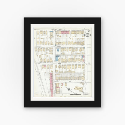 Old map wall art mockup — black gallery frame with white mat — Sanborn Fire Insurance Map from Bristol, Bucks County, Pennsylvania (1927), Sheet #0009