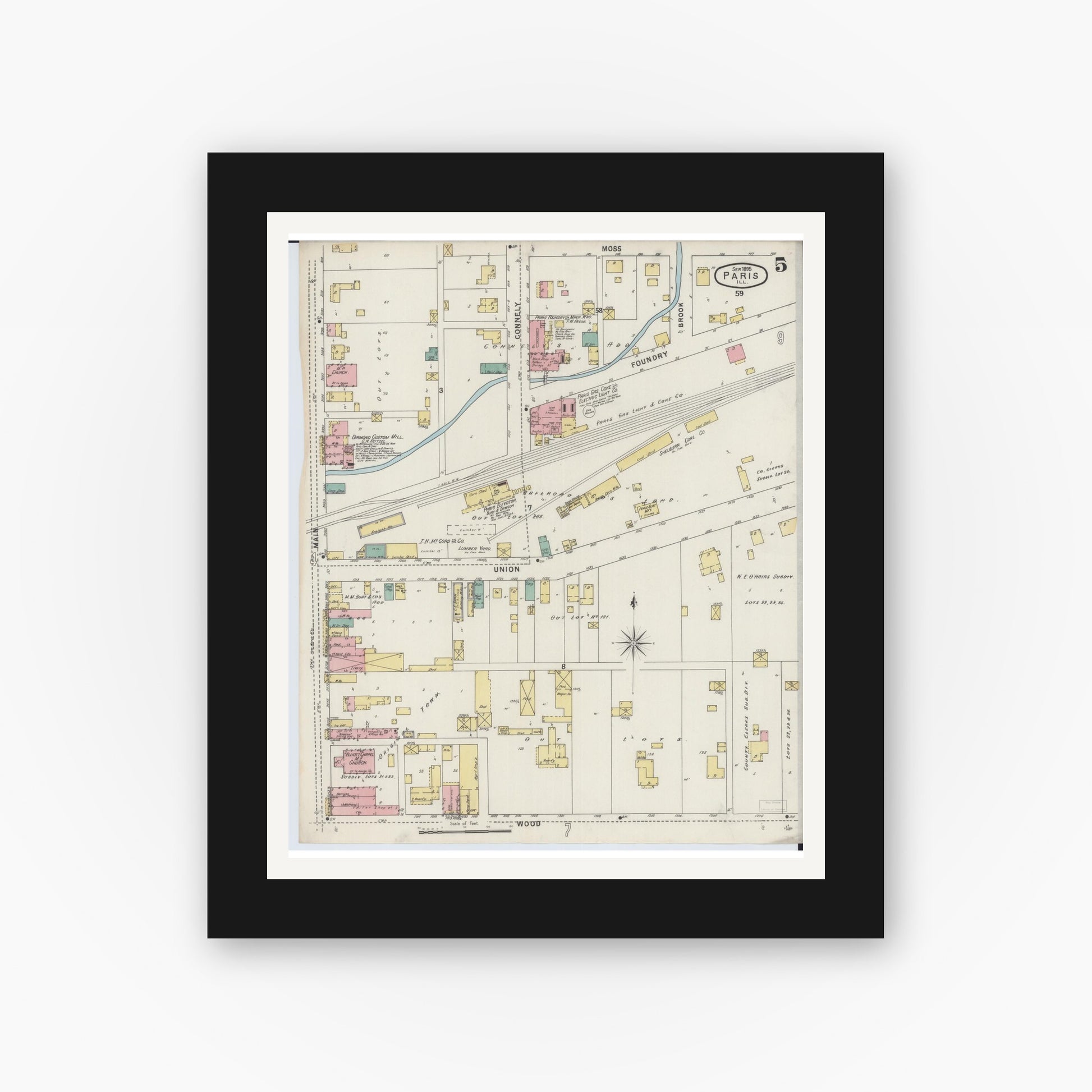 Old map wall art mockup — black gallery frame with white mat — Sanborn Fire Insurance Map from Paris, Edgar County, Illinois (1895), Sheet #0005