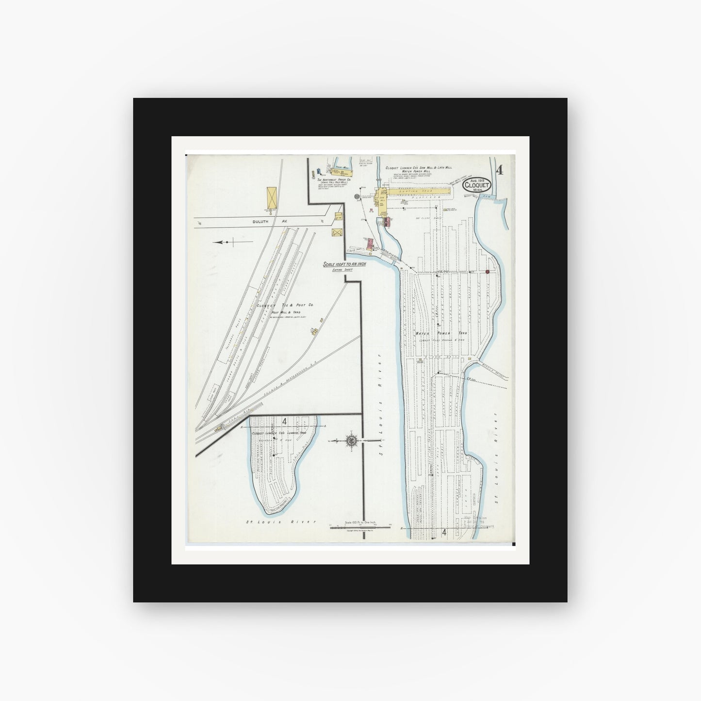 Old map wall art mockup — black gallery frame with white mat — Sanborn Fire Insurance Map from Cloquet, Carlton County, Minnesota (1919), Sheet #0004