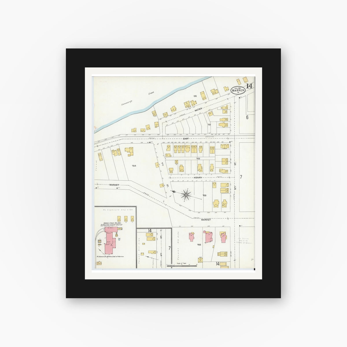 Old map wall art mockup — black gallery frame with white mat — Sanborn Fire Insurance Map from Warren, Warren County, Pennsylvania (1904), Sheet #0014