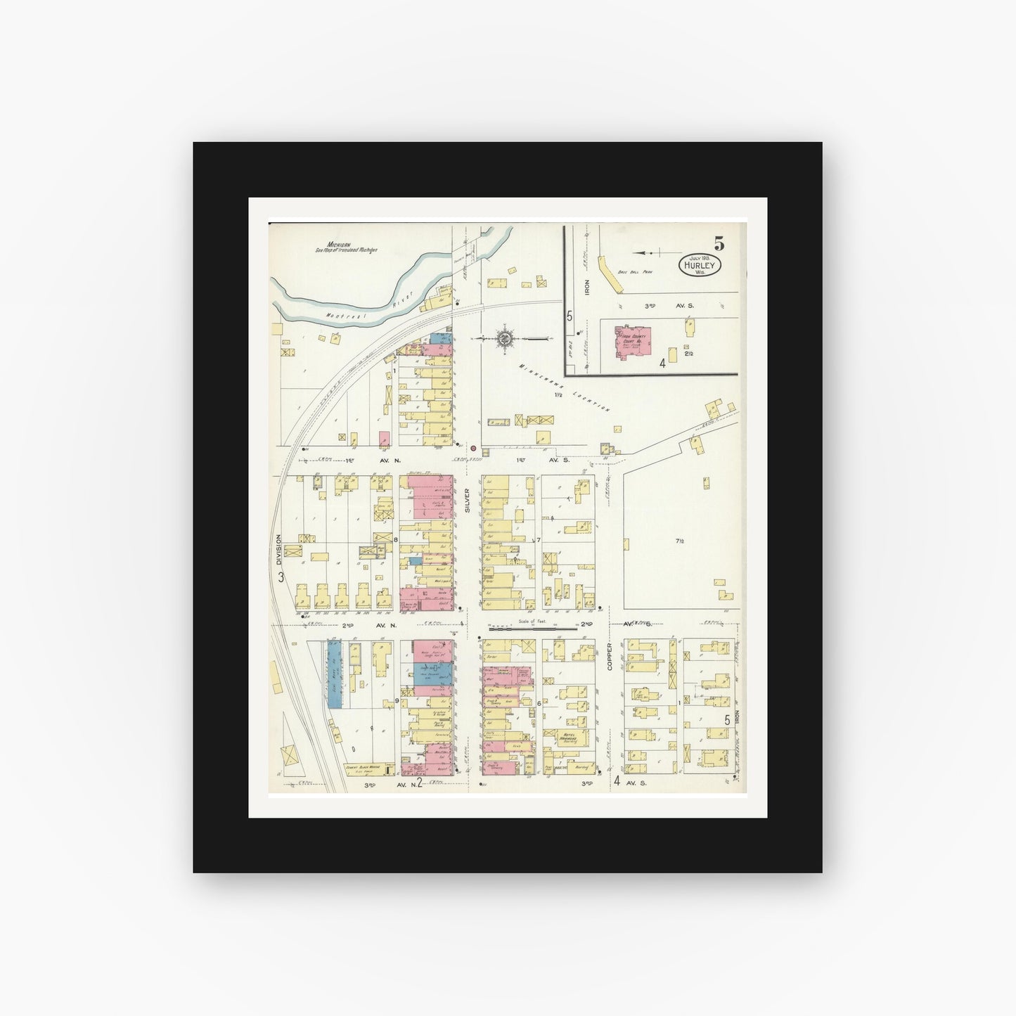Old map wall art mockup — black gallery frame with white mat — Sanborn Fire Insurance Map from Hurley, Iron County, Wisconsin (1913), Sheet #0005