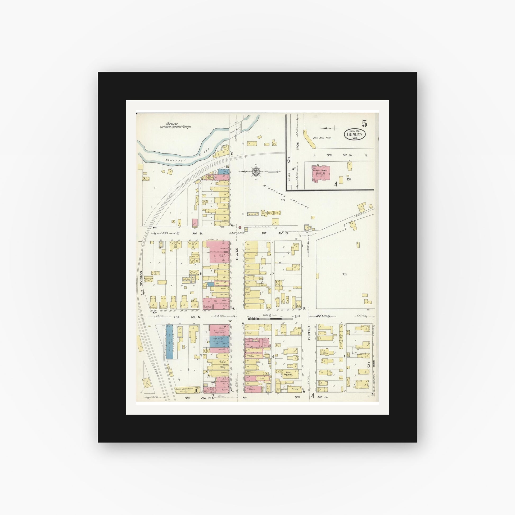 Old map wall art mockup — black gallery frame with white mat — Sanborn Fire Insurance Map from Hurley, Iron County, Wisconsin (1913), Sheet #0005