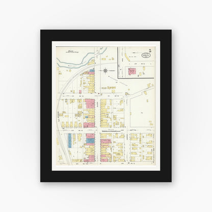 Old map wall art mockup — black gallery frame with white mat — Sanborn Fire Insurance Map from Hurley, Iron County, Wisconsin (1913), Sheet #0005