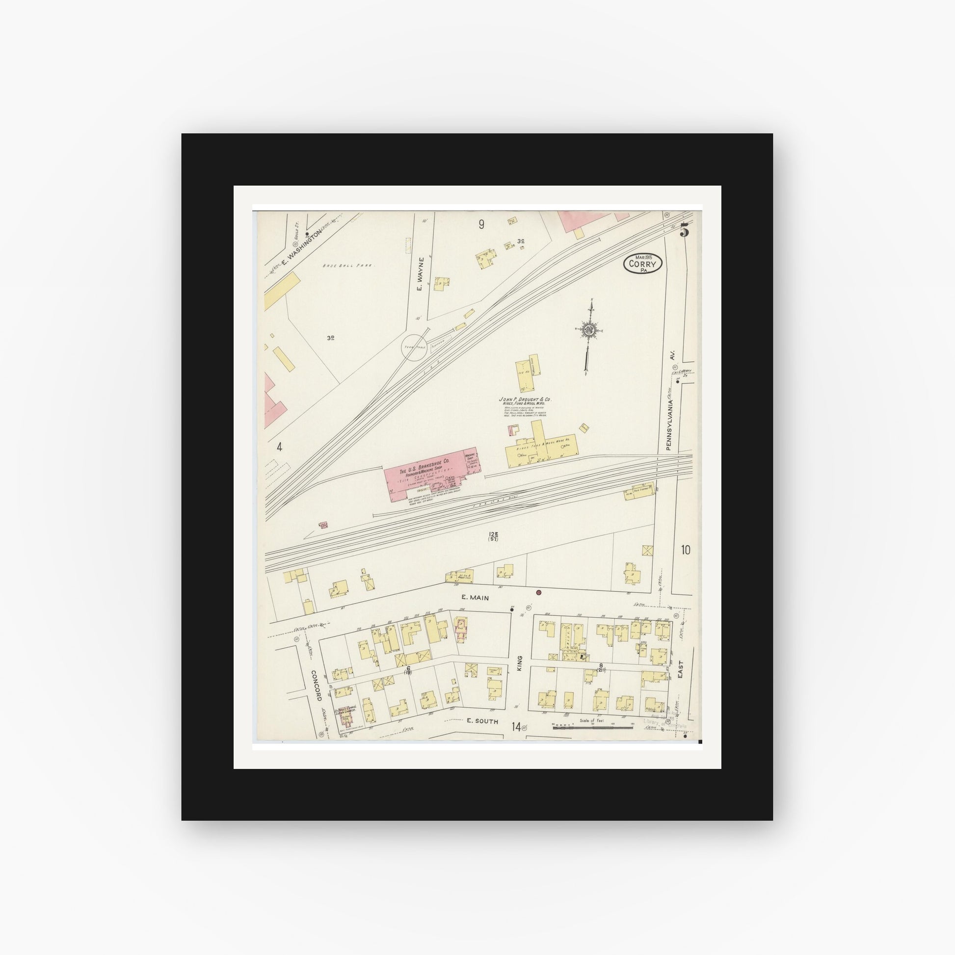 Old map wall art mockup — black gallery frame with white mat — Sanborn Fire Insurance Map from Corry, Erie County, Pennsylvania (1915), Sheet #0005