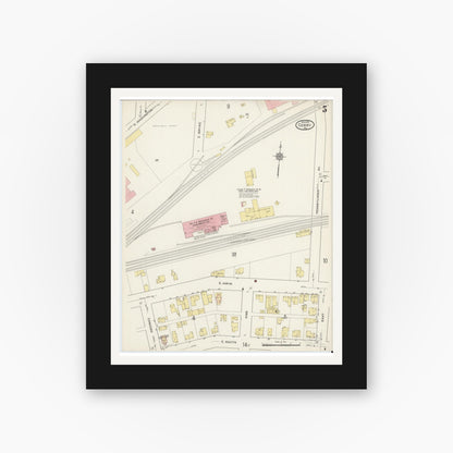 Old map wall art mockup — black gallery frame with white mat — Sanborn Fire Insurance Map from Corry, Erie County, Pennsylvania (1915), Sheet #0005