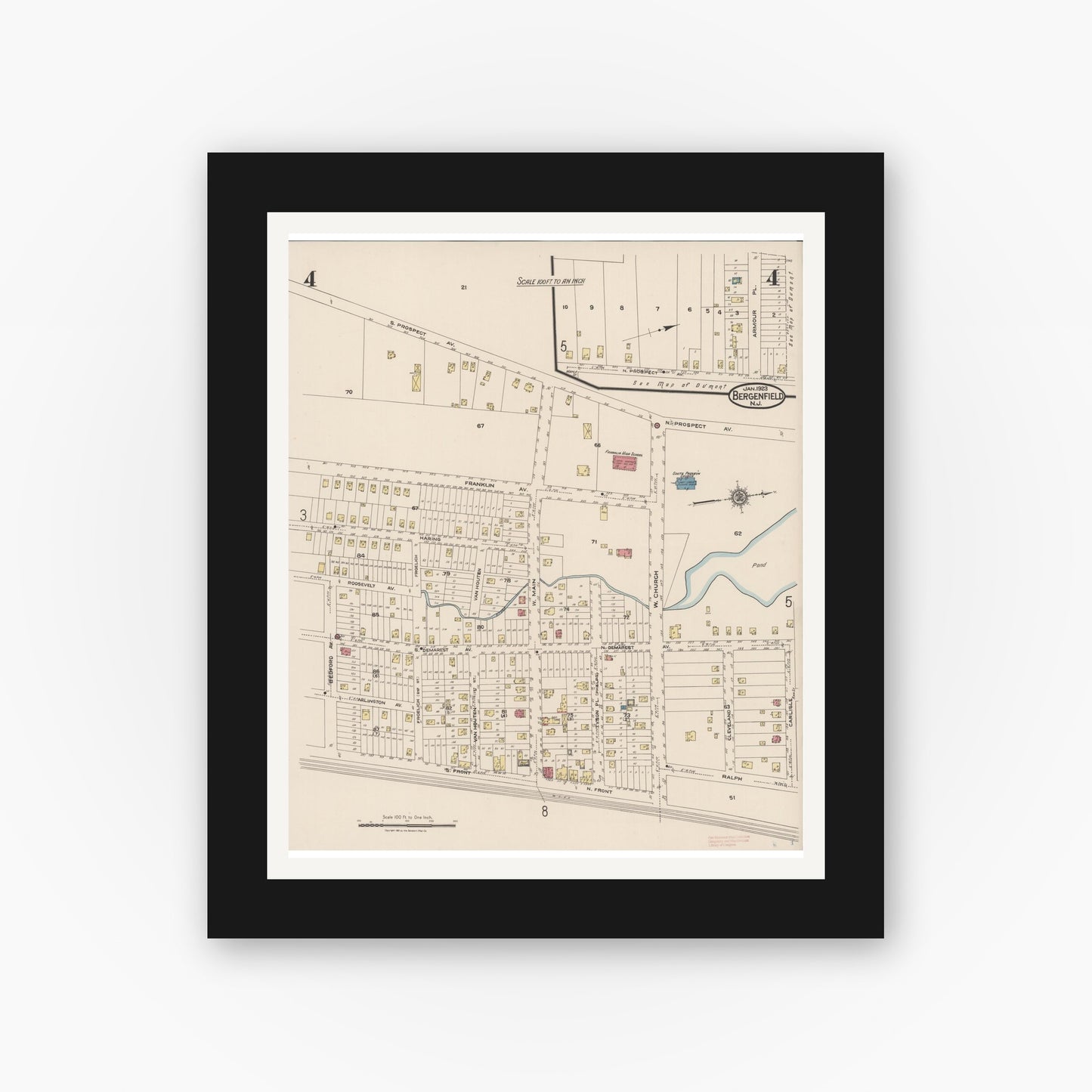 Old map wall art mockup — black gallery frame with white mat — Sanborn Fire Insurance Map from Bergenfield, Bergen County, New Jersey (1923), Sheet #0004