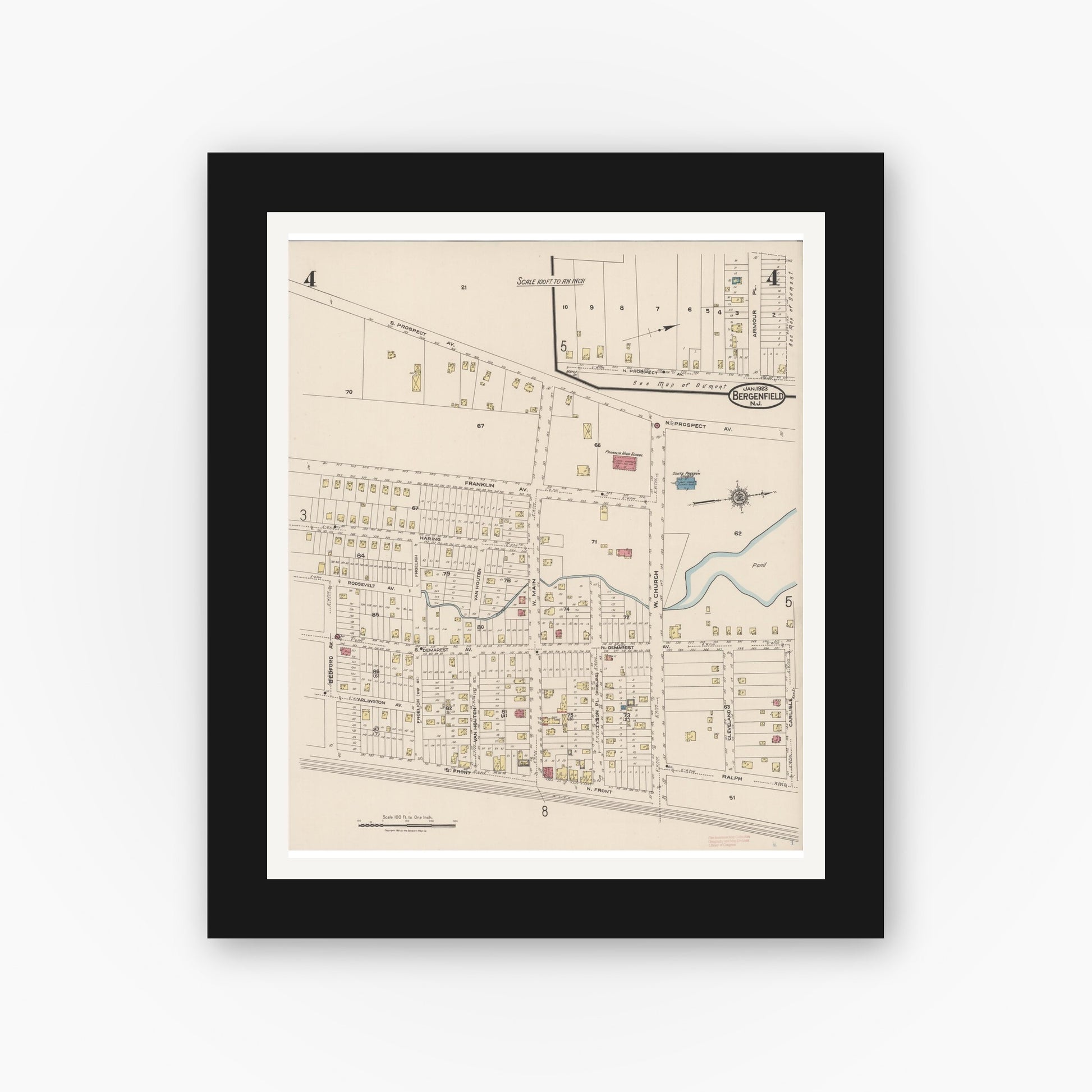 Old map wall art mockup — black gallery frame with white mat — Sanborn Fire Insurance Map from Bergenfield, Bergen County, New Jersey (1923), Sheet #0004