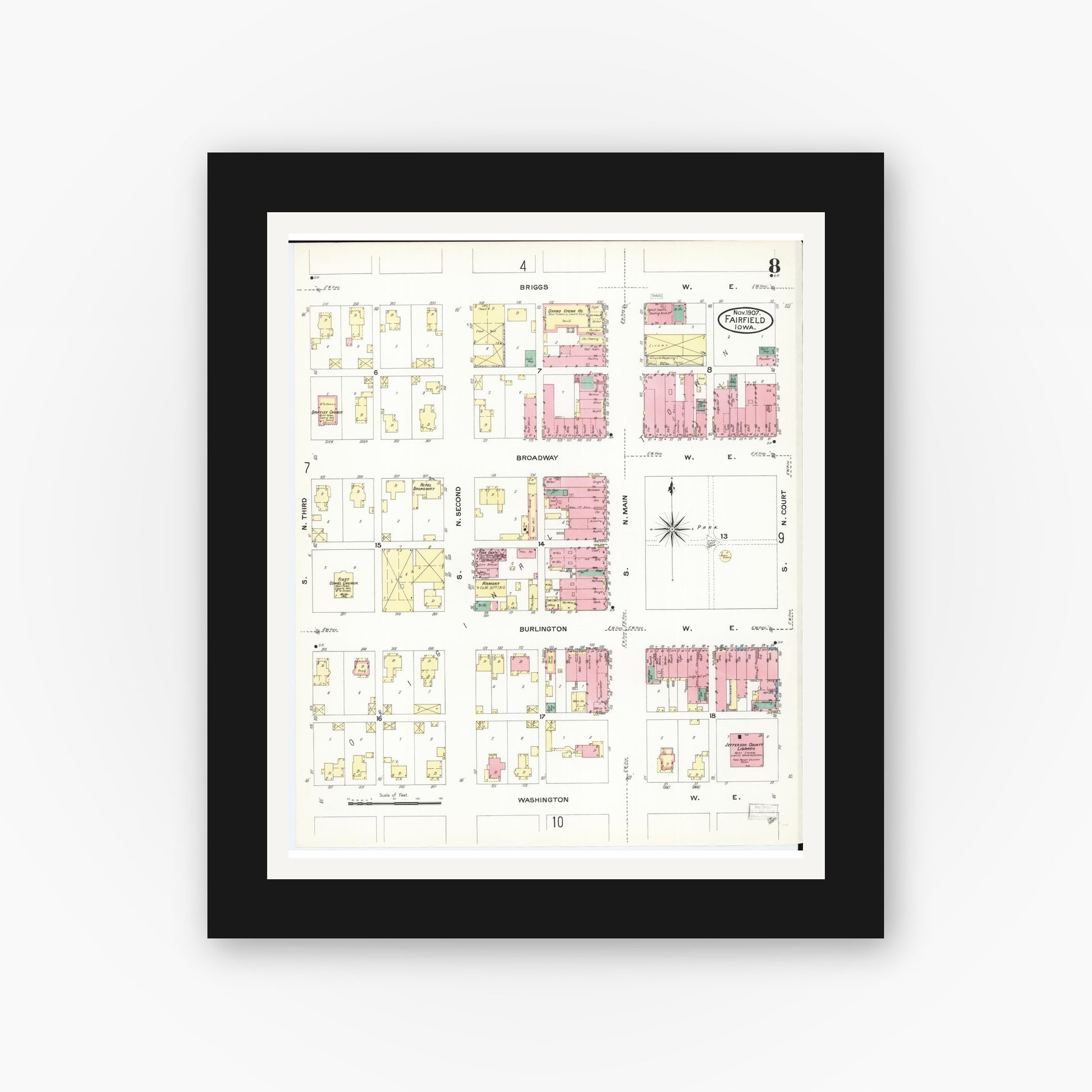Old map wall art mockup — black gallery frame with white mat — Sanborn Fire Insurance Map from Fairfield, Jefferson County, Iowa (1907), Sheet #0008