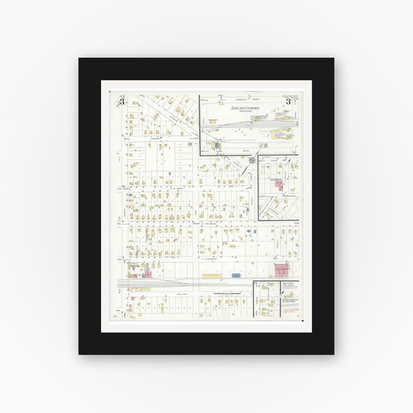 Old map wall art mockup — black gallery frame with white mat — Sanborn Fire Insurance Map from Decatur, Van Buren County, Michigan (1933), Sheet #0003