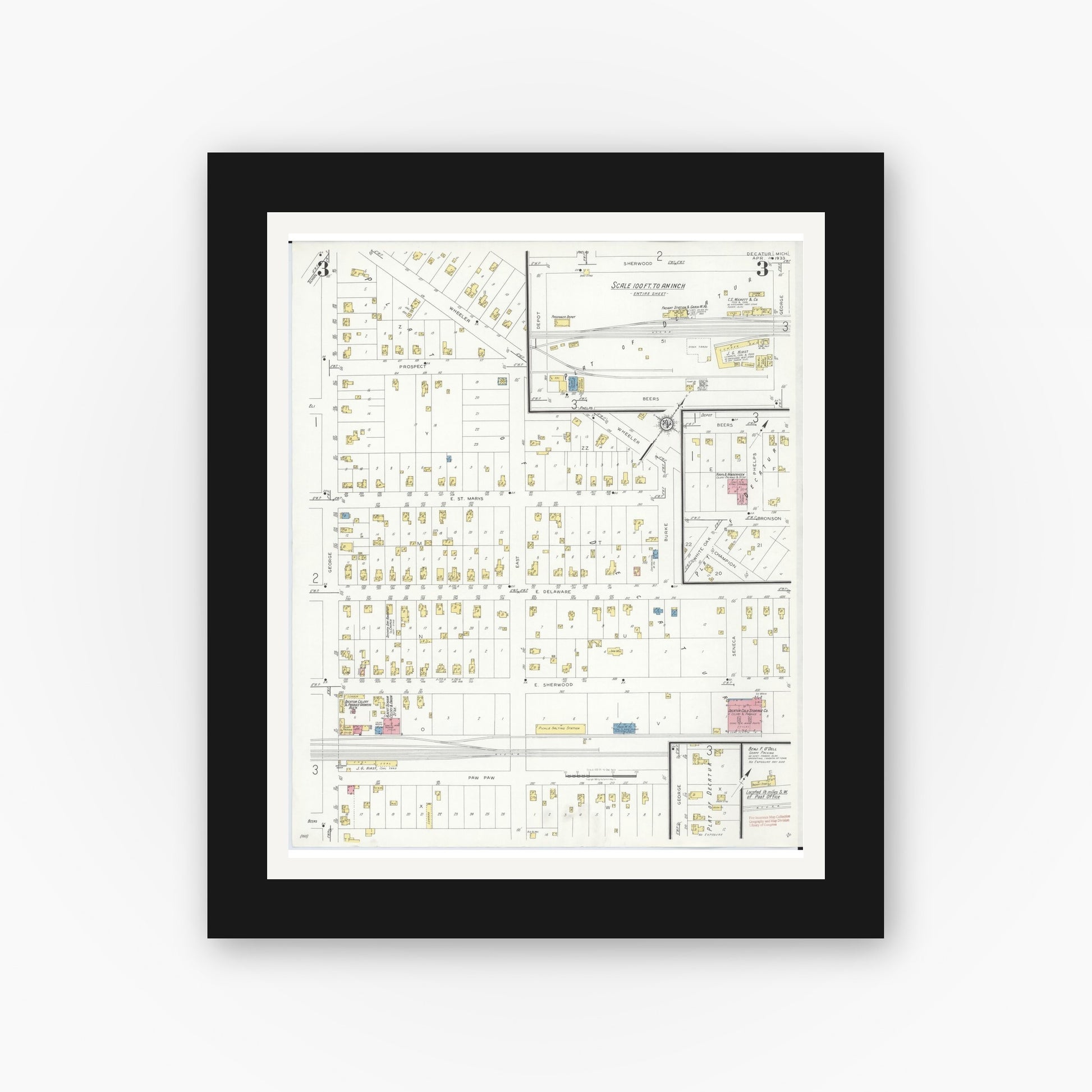 Old map wall art mockup — black gallery frame with white mat — Sanborn Fire Insurance Map from Decatur, Van Buren County, Michigan (1933), Sheet #0003