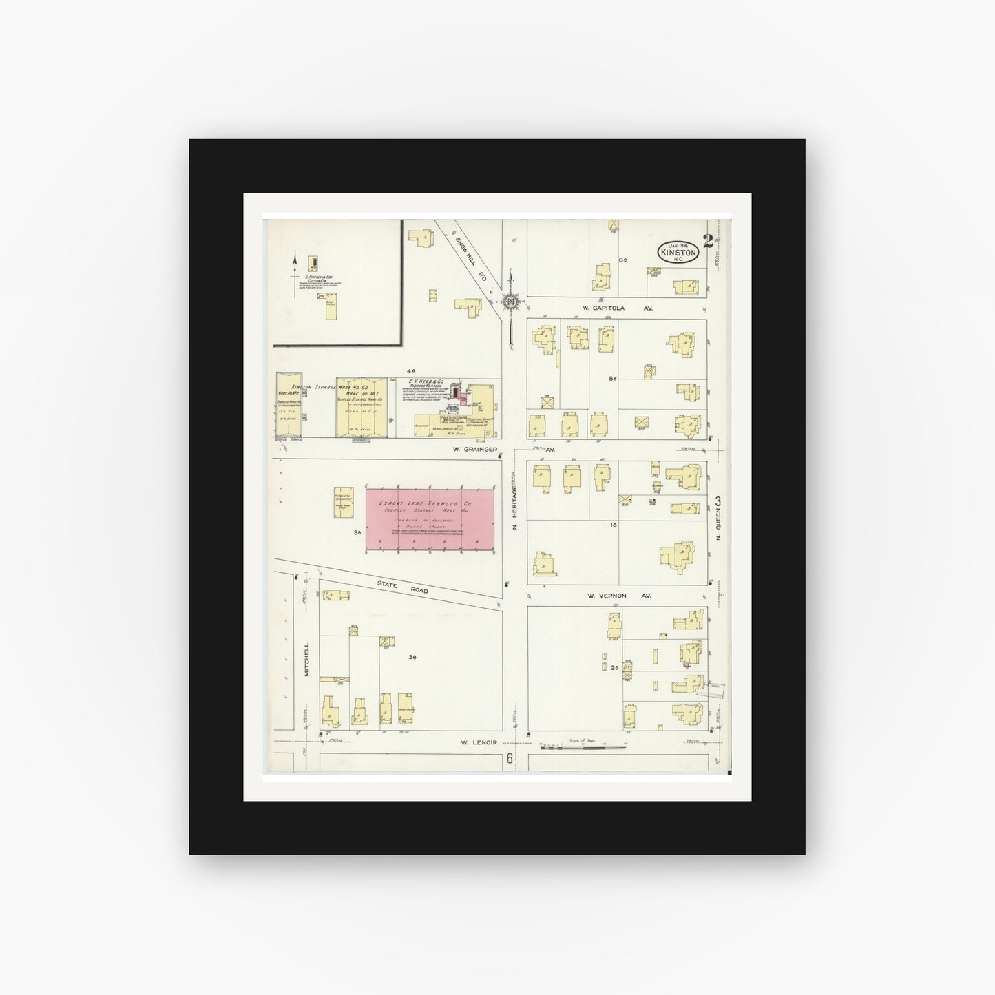 Old map wall art mockup — black gallery frame with white mat — Sanborn Fire Insurance Map from Kinston, Lenoir County, North Carolina (1914), Sheet #0002