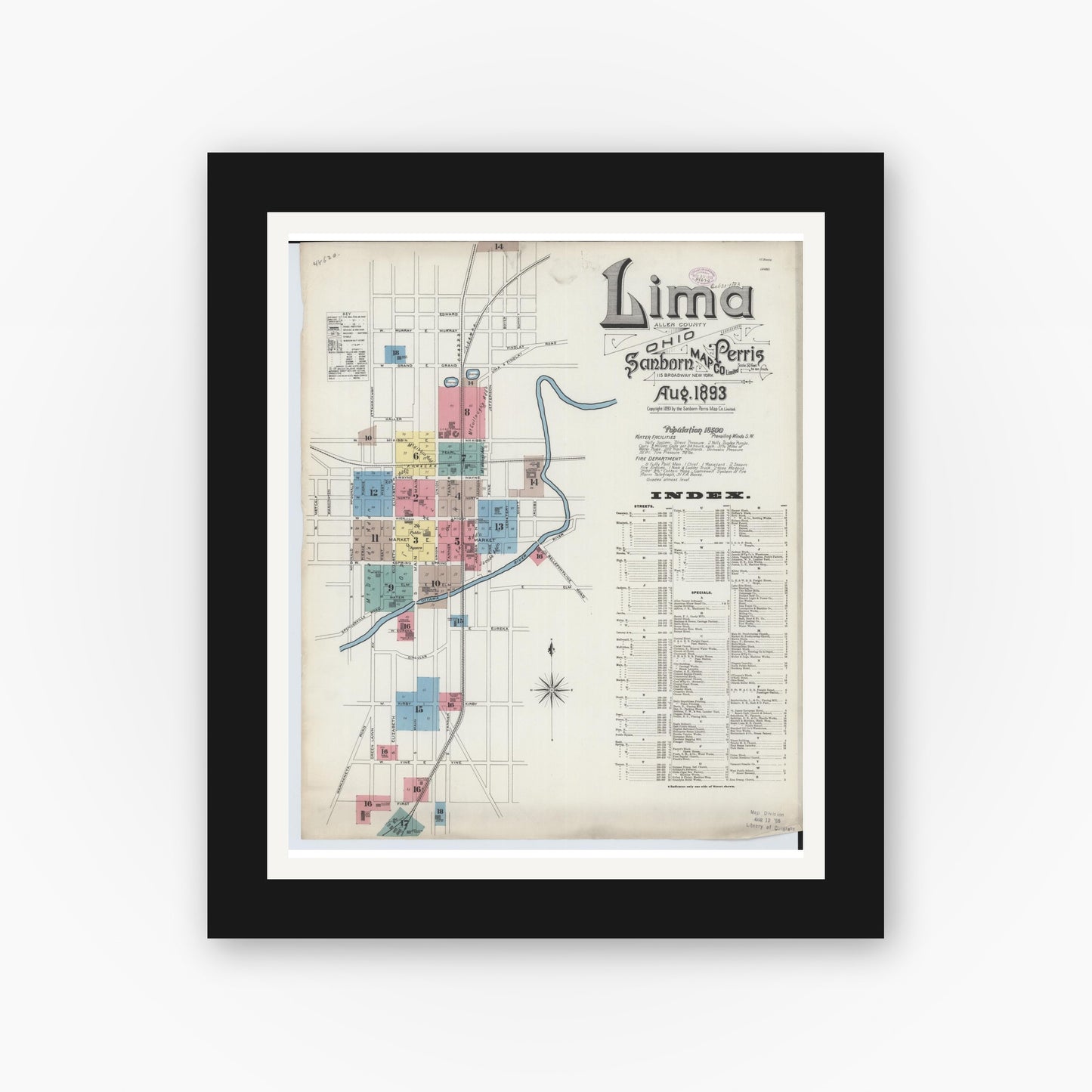 Old map wall art mockup — black gallery frame with white mat — Sanborn Fire Insurance Map from Lima, Allen County, Ohio (1893) - Complete Map Set