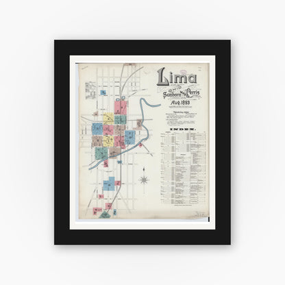 Old map wall art mockup — black gallery frame with white mat — Sanborn Fire Insurance Map from Lima, Allen County, Ohio (1893) - Complete Map Set
