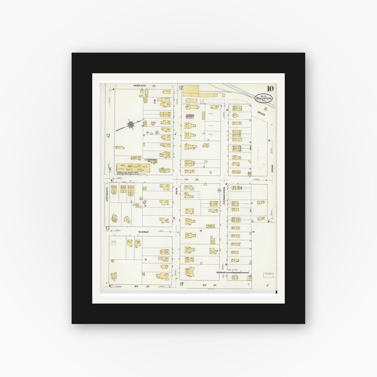 Old map wall art mockup — black gallery frame with white mat — Sanborn Fire Insurance Map from Riverton, Burlington County, New Jersey (1911), Sheet #0010