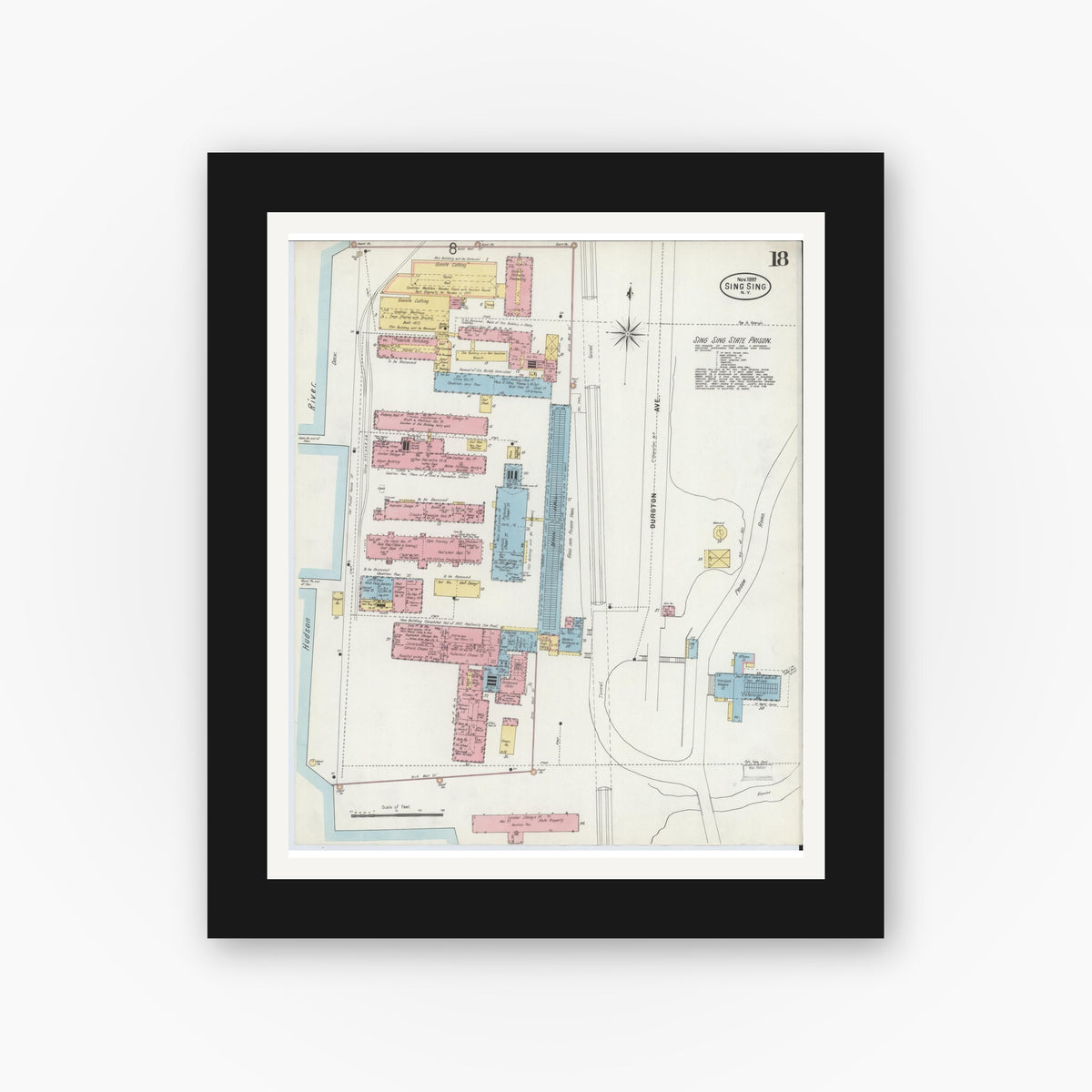 Old map wall art mockup — black gallery frame with white mat — Sanborn Fire Insurance Map from Sing Sing, Westchester County, New York (1897), Sheet #0018