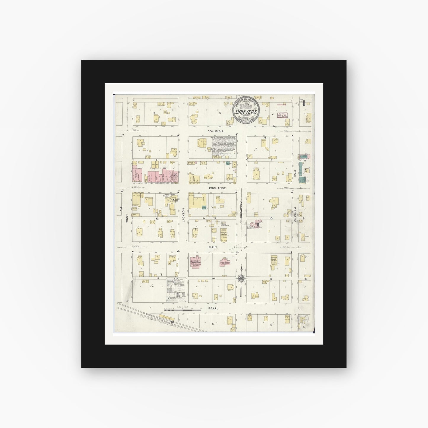 Old map wall art mockup — black gallery frame with white mat — Sanborn Fire Insurance Map from Danvers, McLean County, Illinois (1910) - Complete Map Set