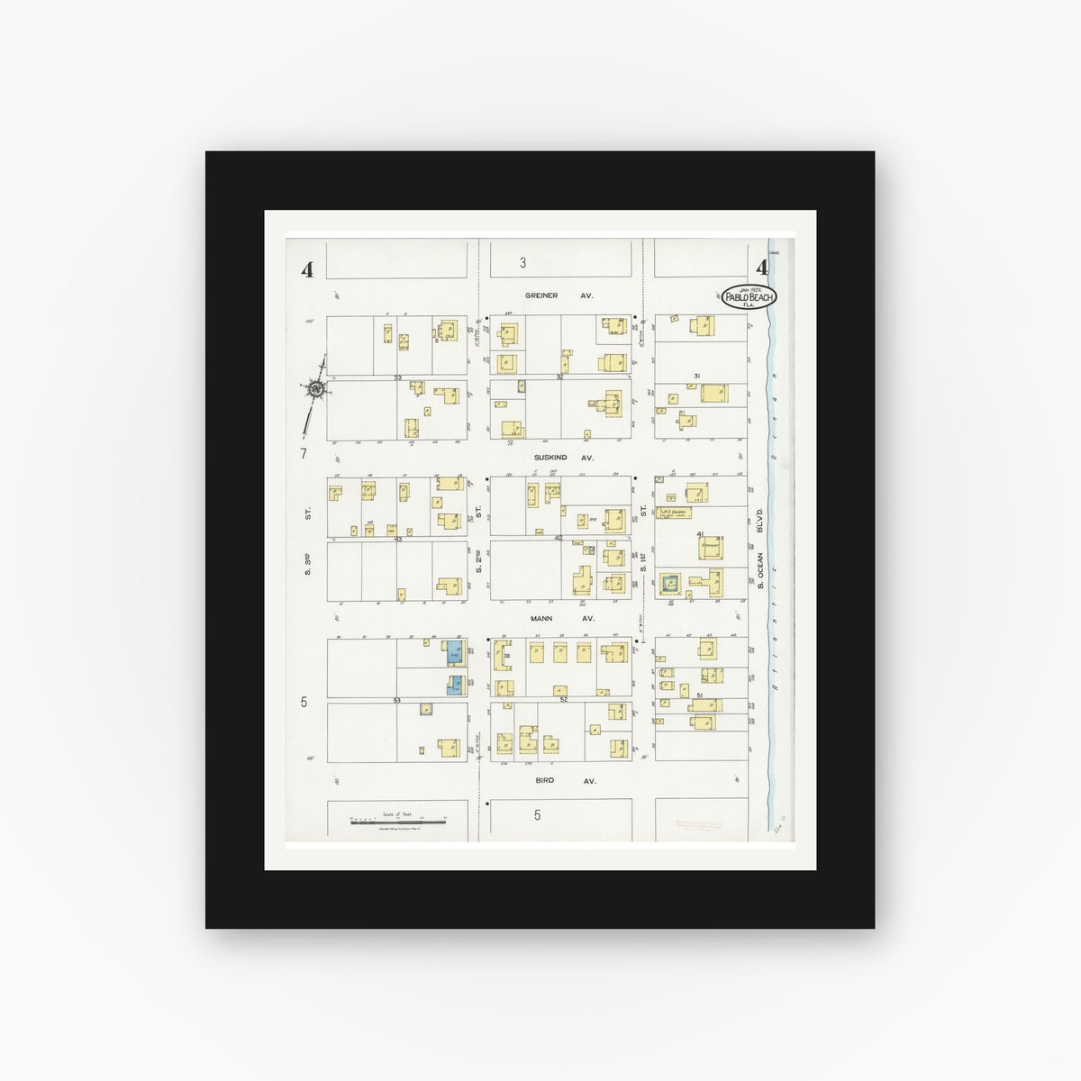Old map wall art mockup — black gallery frame with white mat — Sanborn Fire Insurance Map from Pablo Beach, Duval County, Florida (1924), Sheet #0004