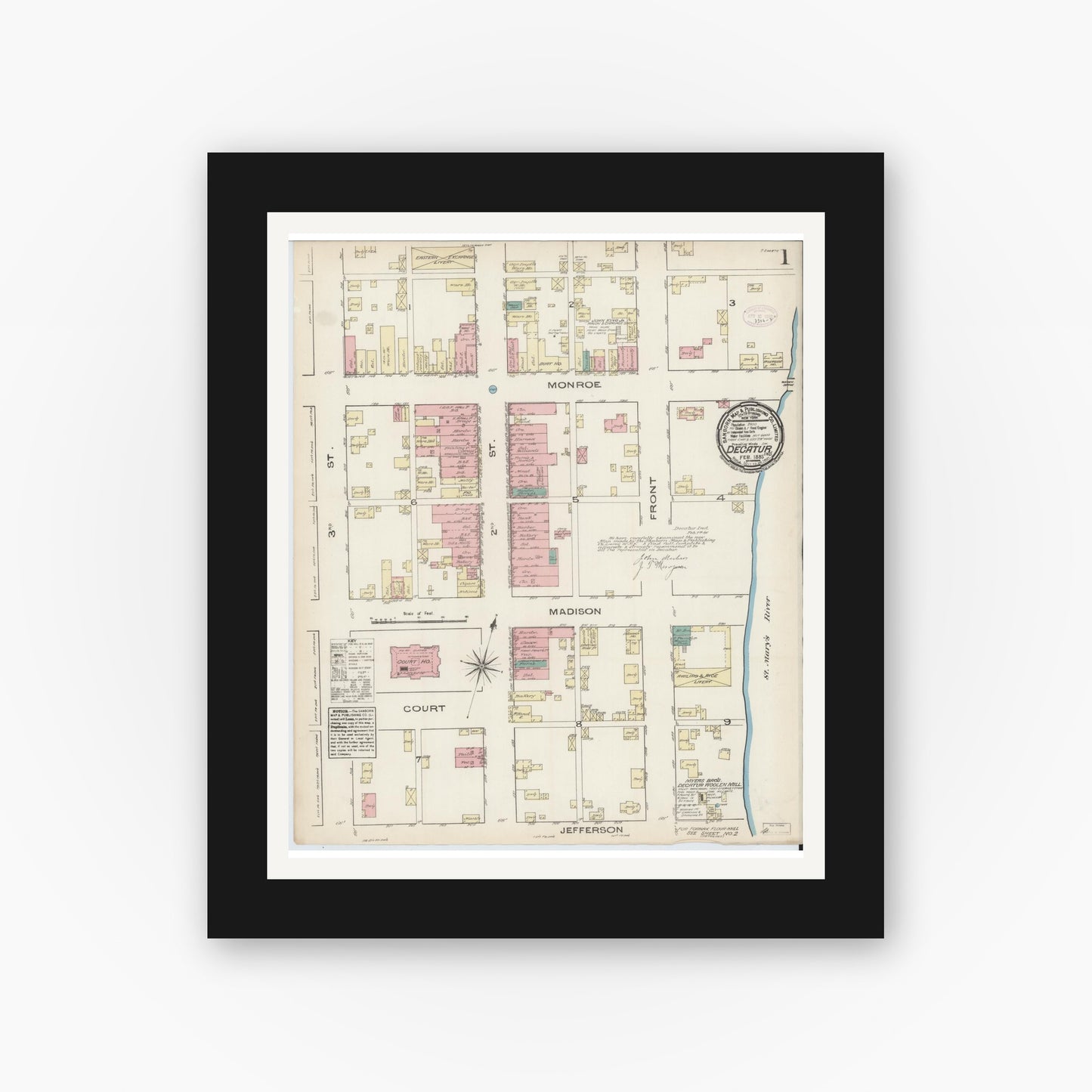 Old map wall art mockup — black gallery frame with white mat — Sanborn Fire Insurance Map from Decatur, Adams County, Indiana (1885) - Complete Map Set