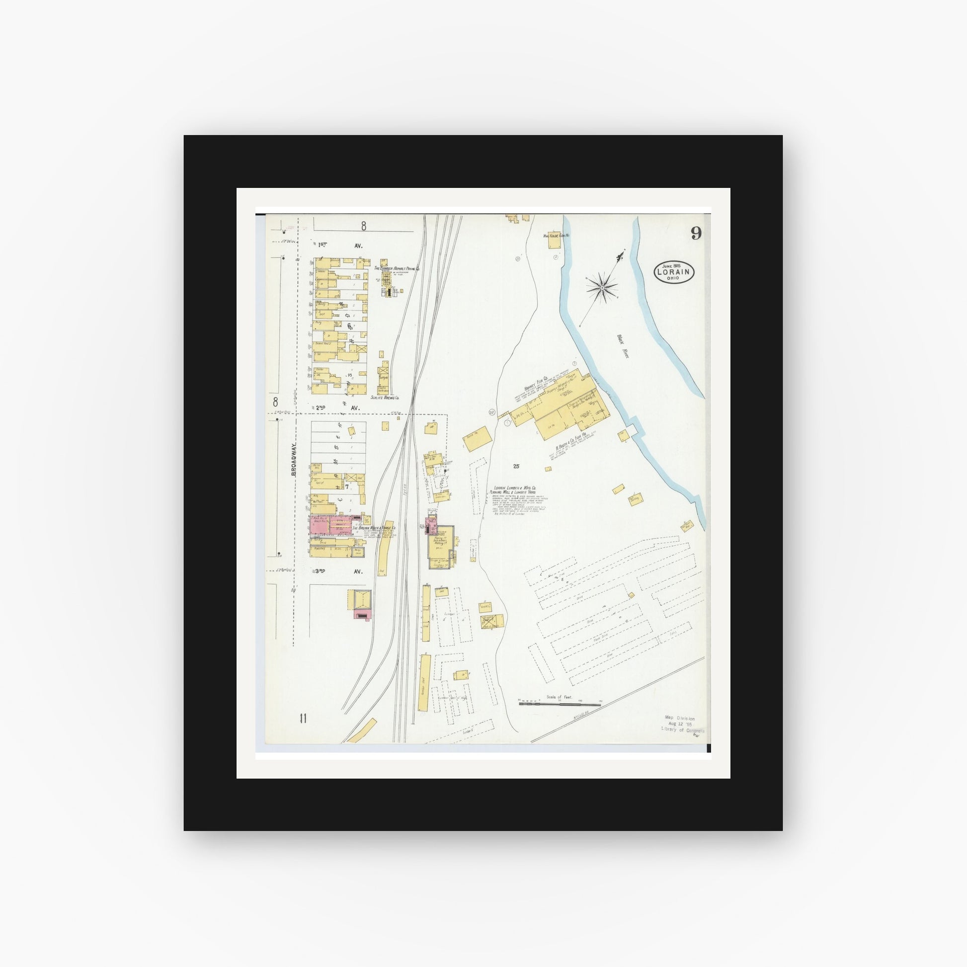 Old map wall art mockup — black gallery frame with white mat — Sanborn Fire Insurance Map from Lorain, Lorain County, Ohio (1905), Sheet #0009