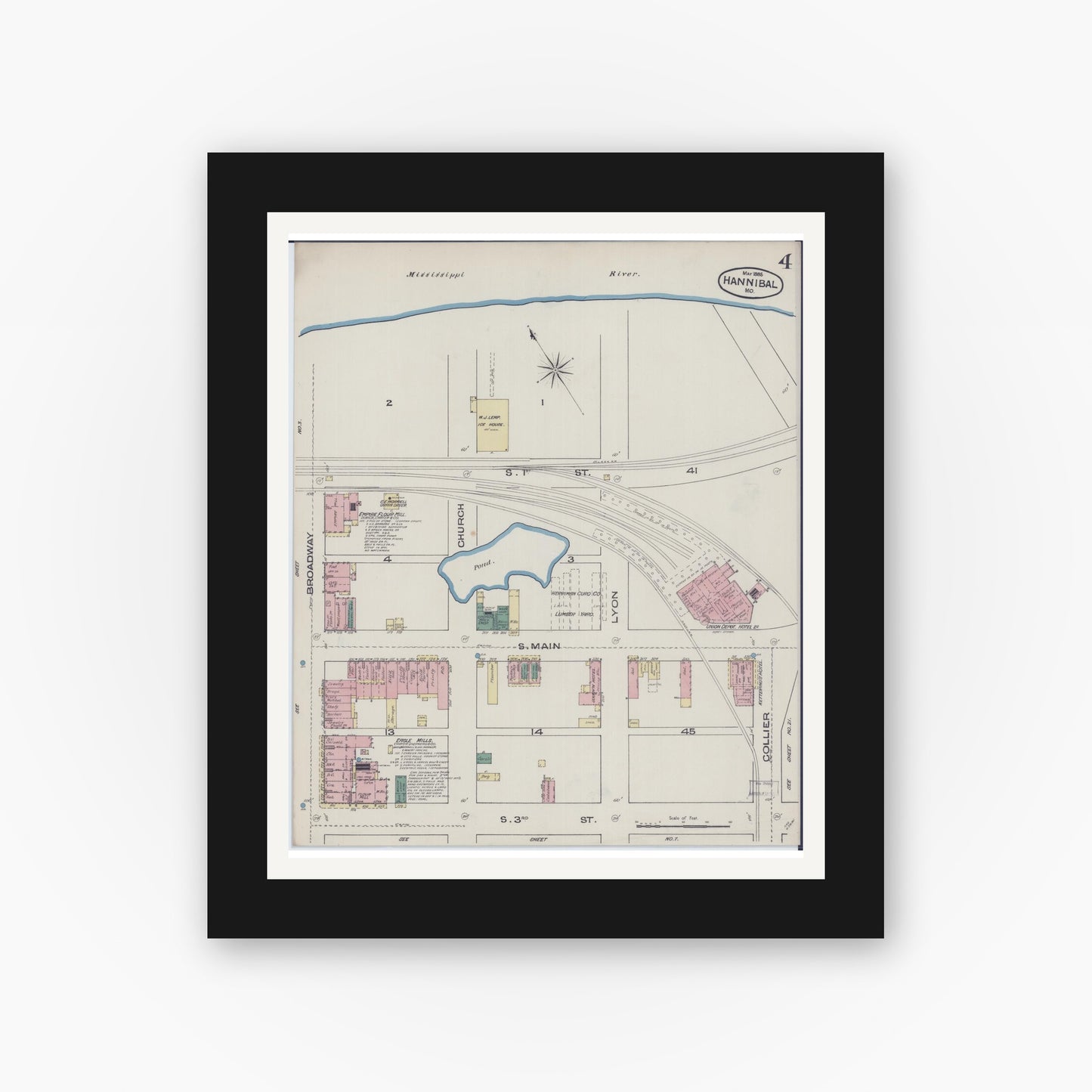 Old map wall art mockup — black gallery frame with white mat — Sanborn Fire Insurance Map from Hannibal, Marion County, Missouri (1885), Sheet #0004