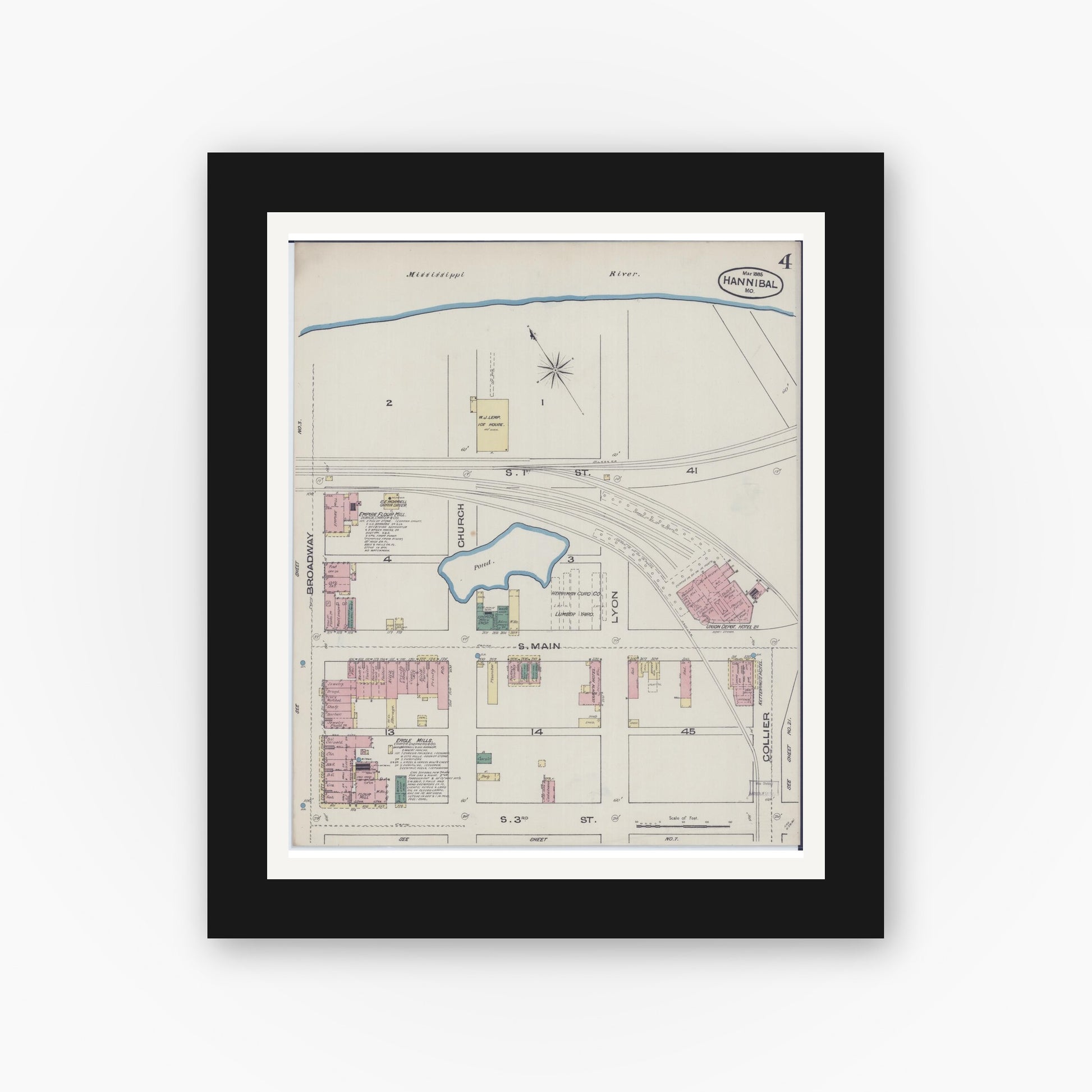 Old map wall art mockup — black gallery frame with white mat — Sanborn Fire Insurance Map from Hannibal, Marion County, Missouri (1885), Sheet #0004