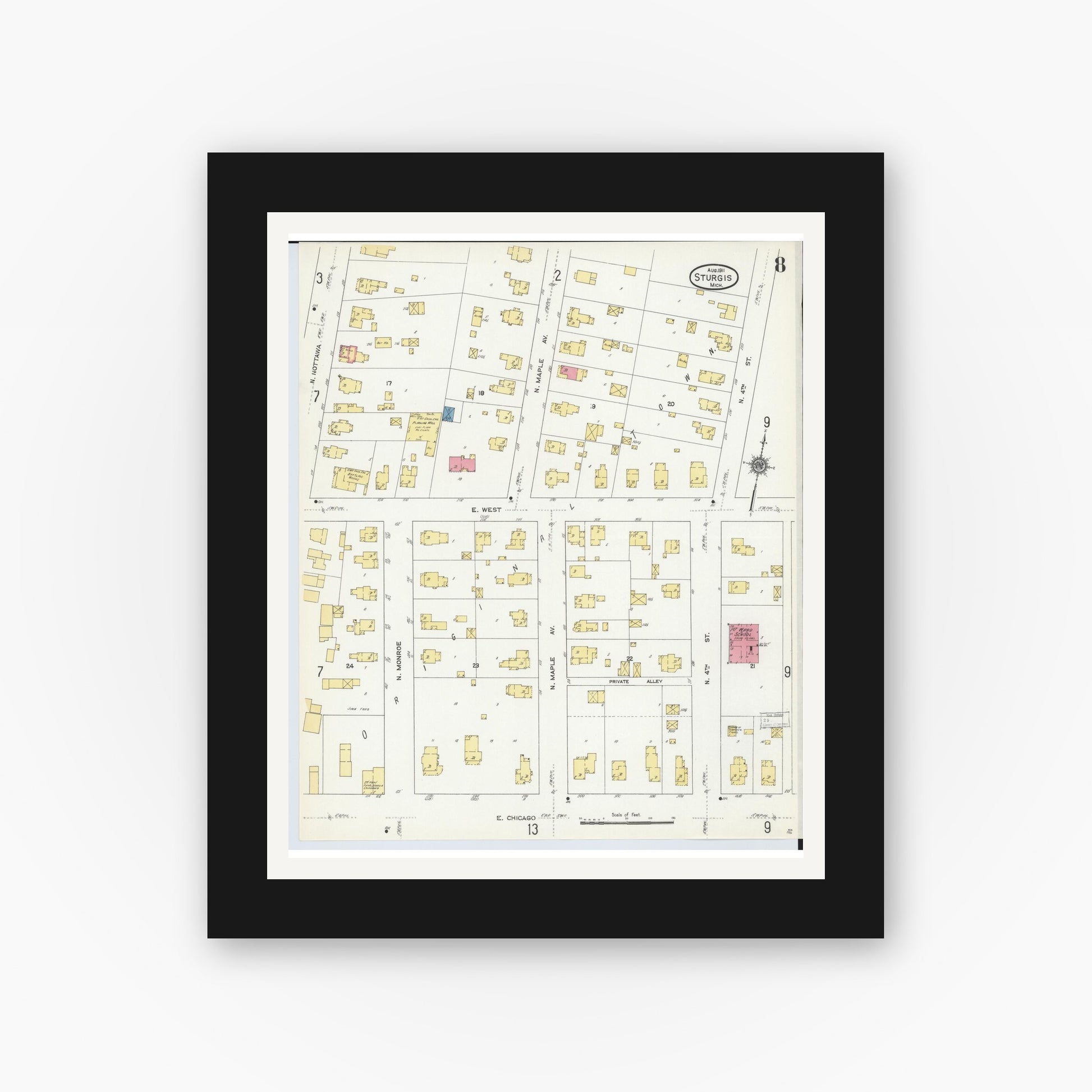 Old map wall art mockup — black gallery frame with white mat — Sanborn Fire Insurance Map from Sturgis, Saint Joseph County, Michigan (1911), Sheet #0008