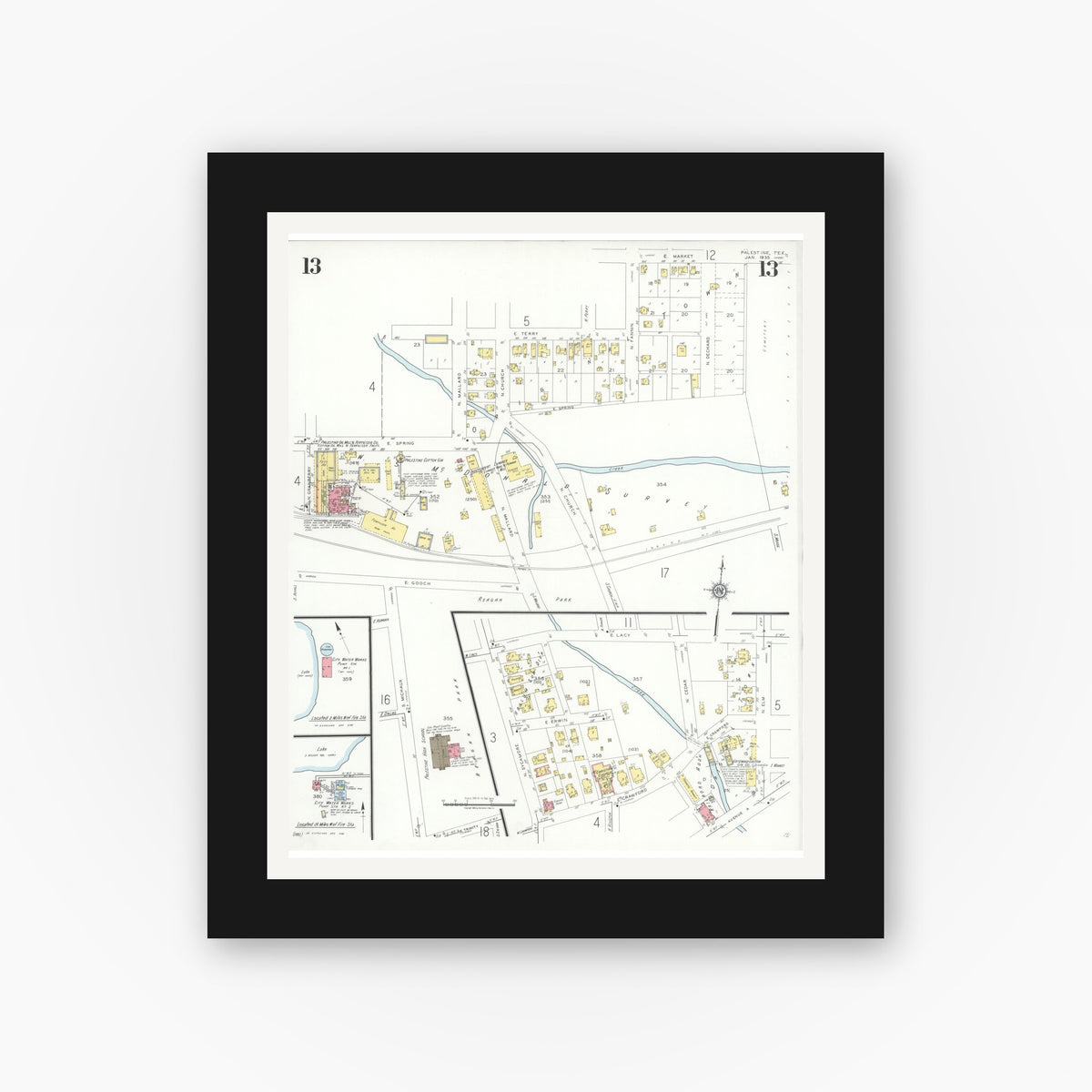 Old map wall art mockup — black gallery frame with white mat — Sanborn Fire Insurance Map from Palestine, Anderson County, Texas (1935), Sheet #0013
