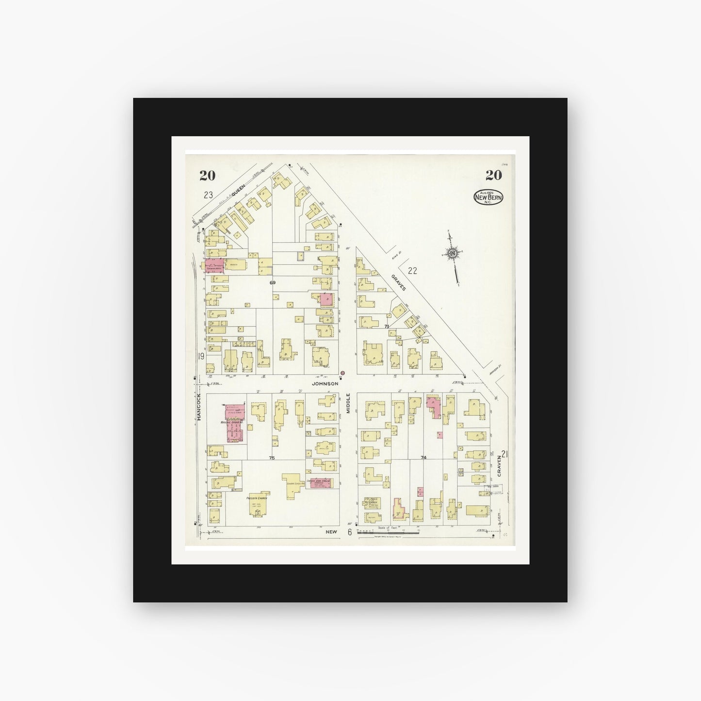 Old map wall art mockup — black gallery frame with white mat — Sanborn Fire Insurance Map from New Bern, Craven County, North Carolina (1924), Sheet #0020