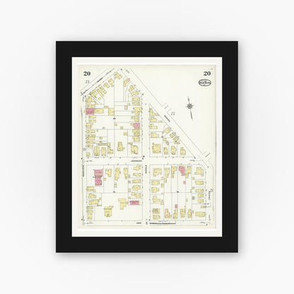 Old map wall art mockup — black gallery frame with white mat — Sanborn Fire Insurance Map from New Bern, Craven County, North Carolina (1924), Sheet #0020