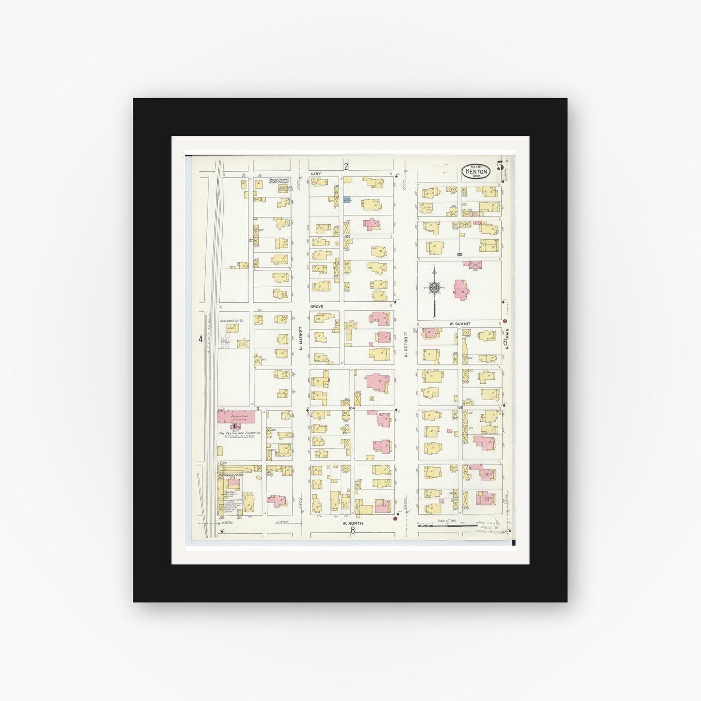 Old map wall art mockup — black gallery frame with white mat — Sanborn Fire Insurance Map from Kenton, Hardin County, Ohio (1911), Sheet #0005