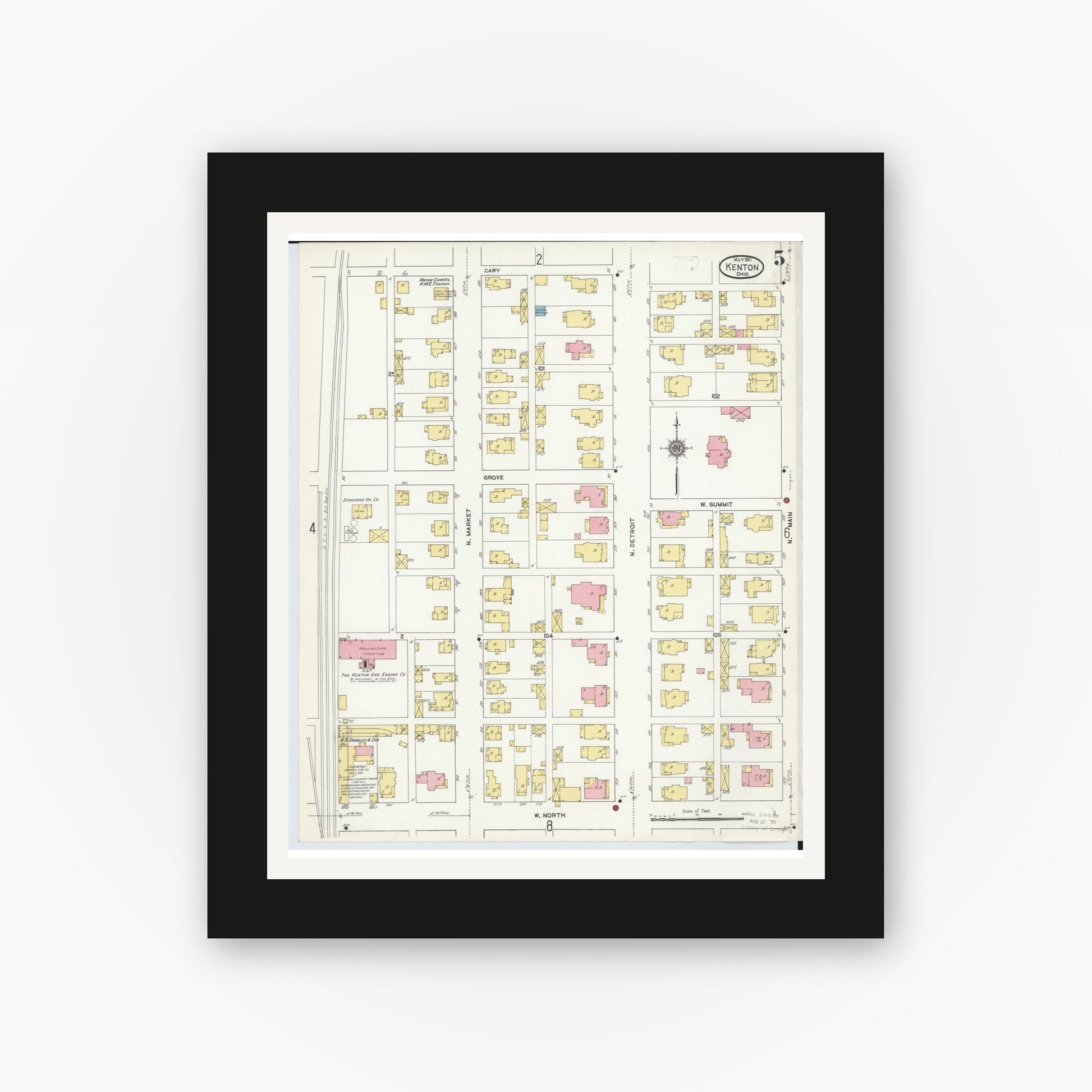 Old map wall art mockup — black gallery frame with white mat — Sanborn Fire Insurance Map from Kenton, Hardin County, Ohio (1911), Sheet #0005