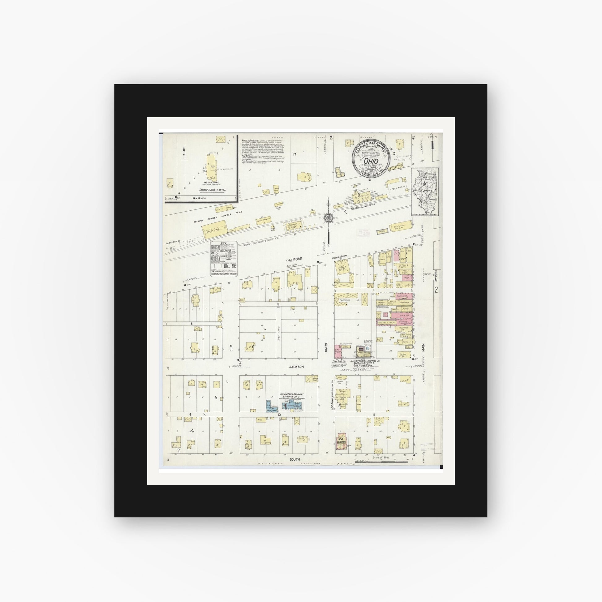Old map wall art mockup — black gallery frame with white mat — Sanborn Fire Insurance Map from Ohio, Bureau County, Illinois (1913) - Complete Map Set