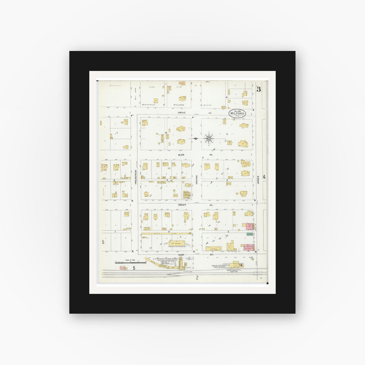Old map wall art mockup — black gallery frame with white mat — Sanborn Fire Insurance Map from Milford, Iroquois County, Illinois (1906), Sheet #0003