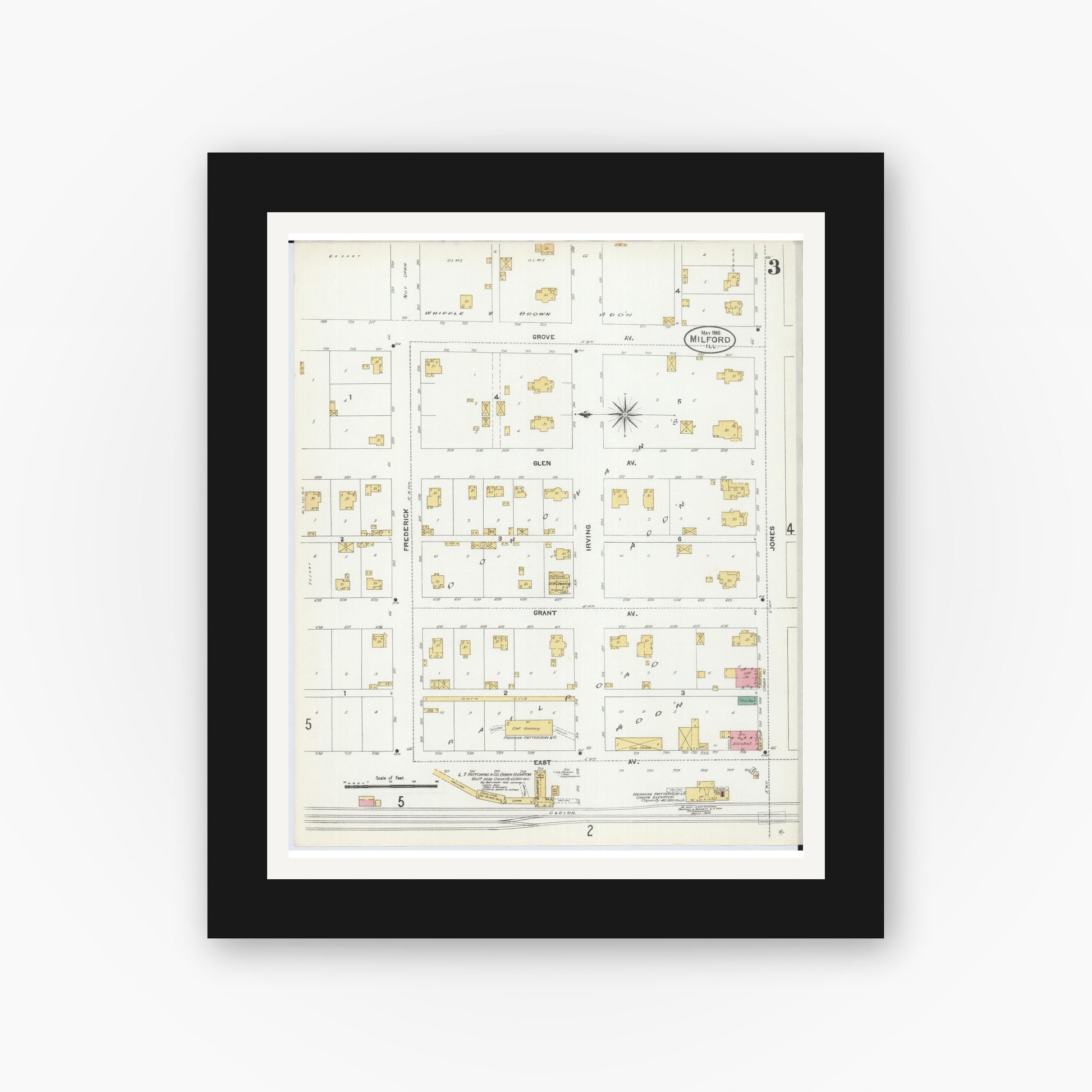 Old map wall art mockup — black gallery frame with white mat — Sanborn Fire Insurance Map from Milford, Iroquois County, Illinois (1906), Sheet #0003