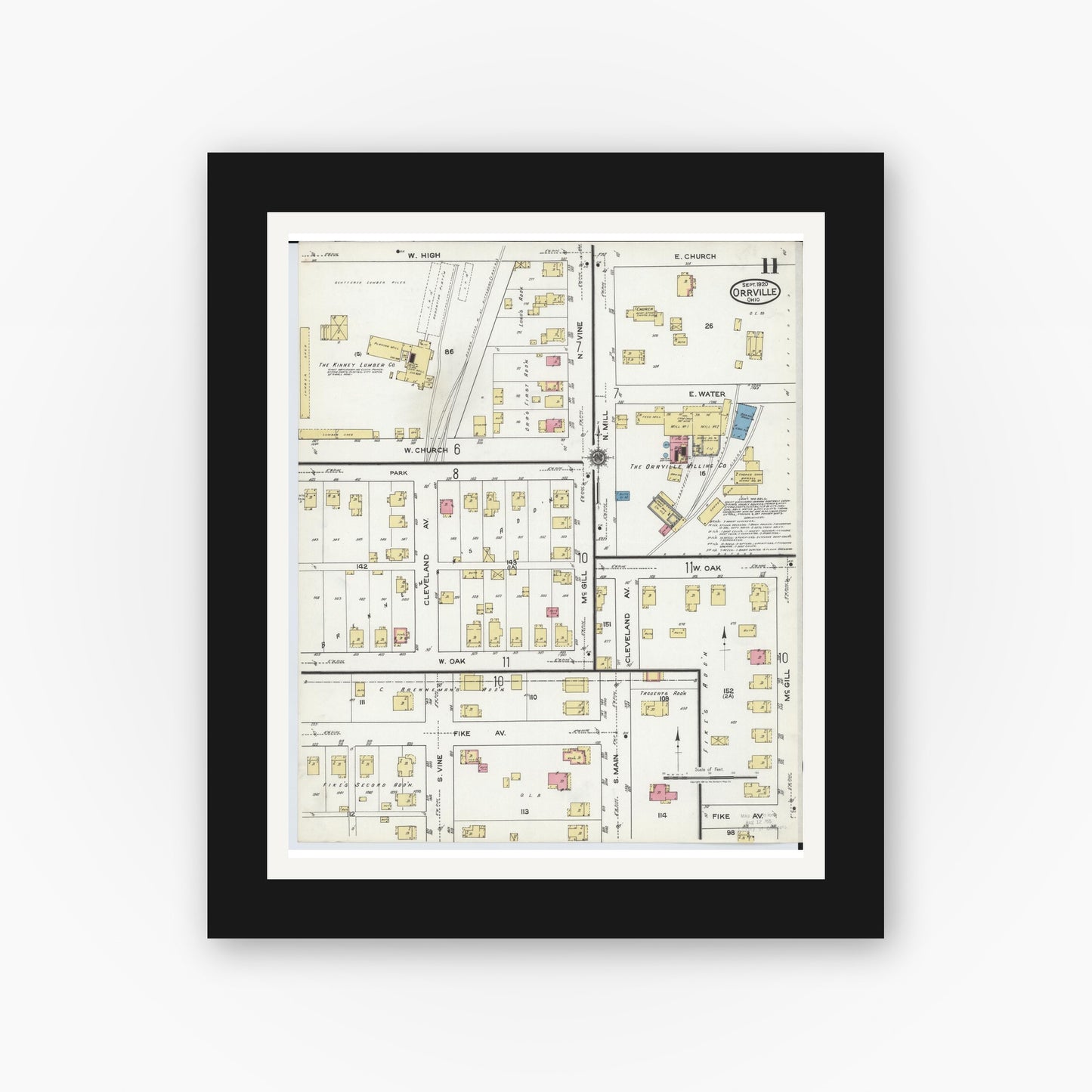 Old map wall art mockup — black gallery frame with white mat — Sanborn Fire Insurance Map from Orrville, Wayne County, Ohio (1920), Sheet #0011