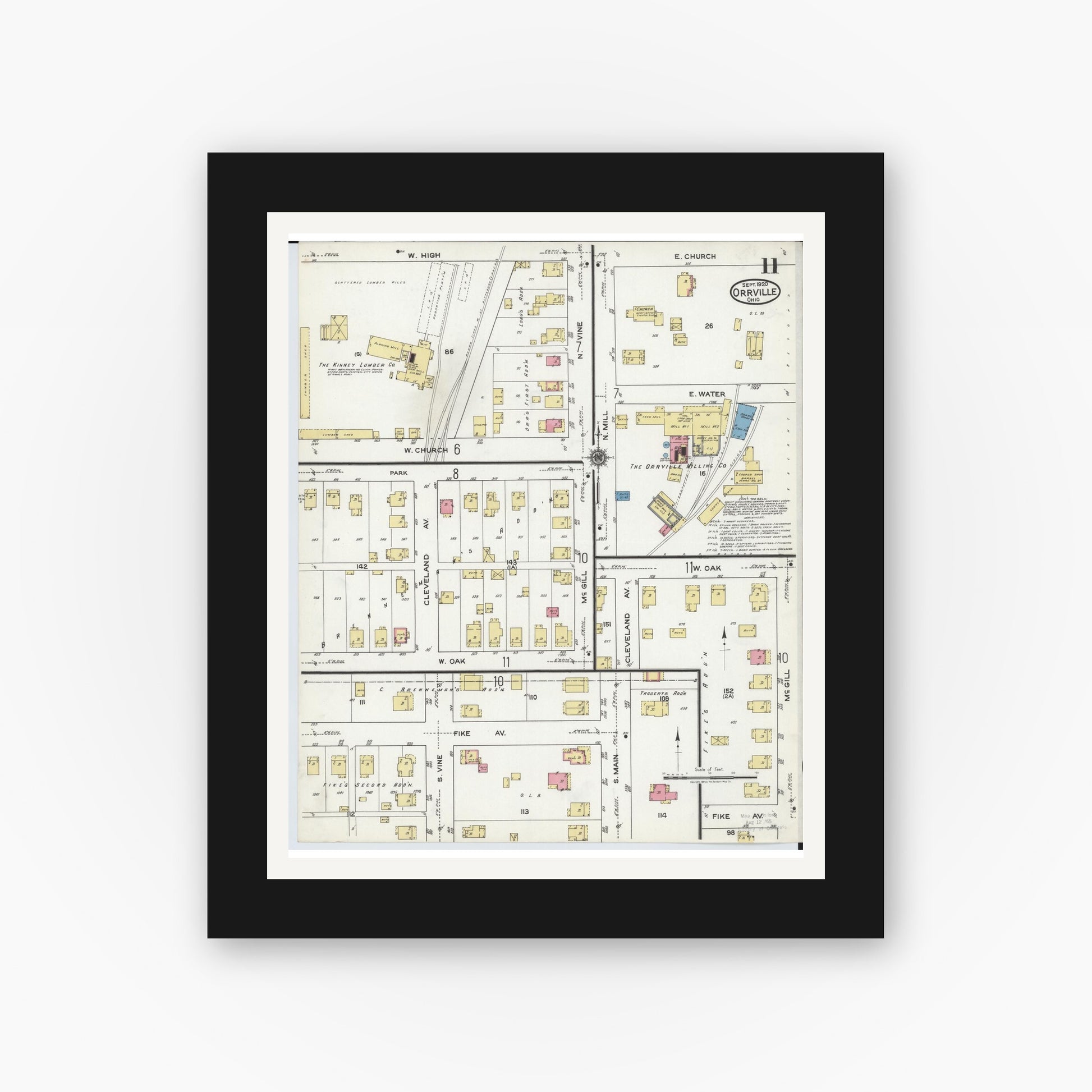 Old map wall art mockup — black gallery frame with white mat — Sanborn Fire Insurance Map from Orrville, Wayne County, Ohio (1920), Sheet #0011