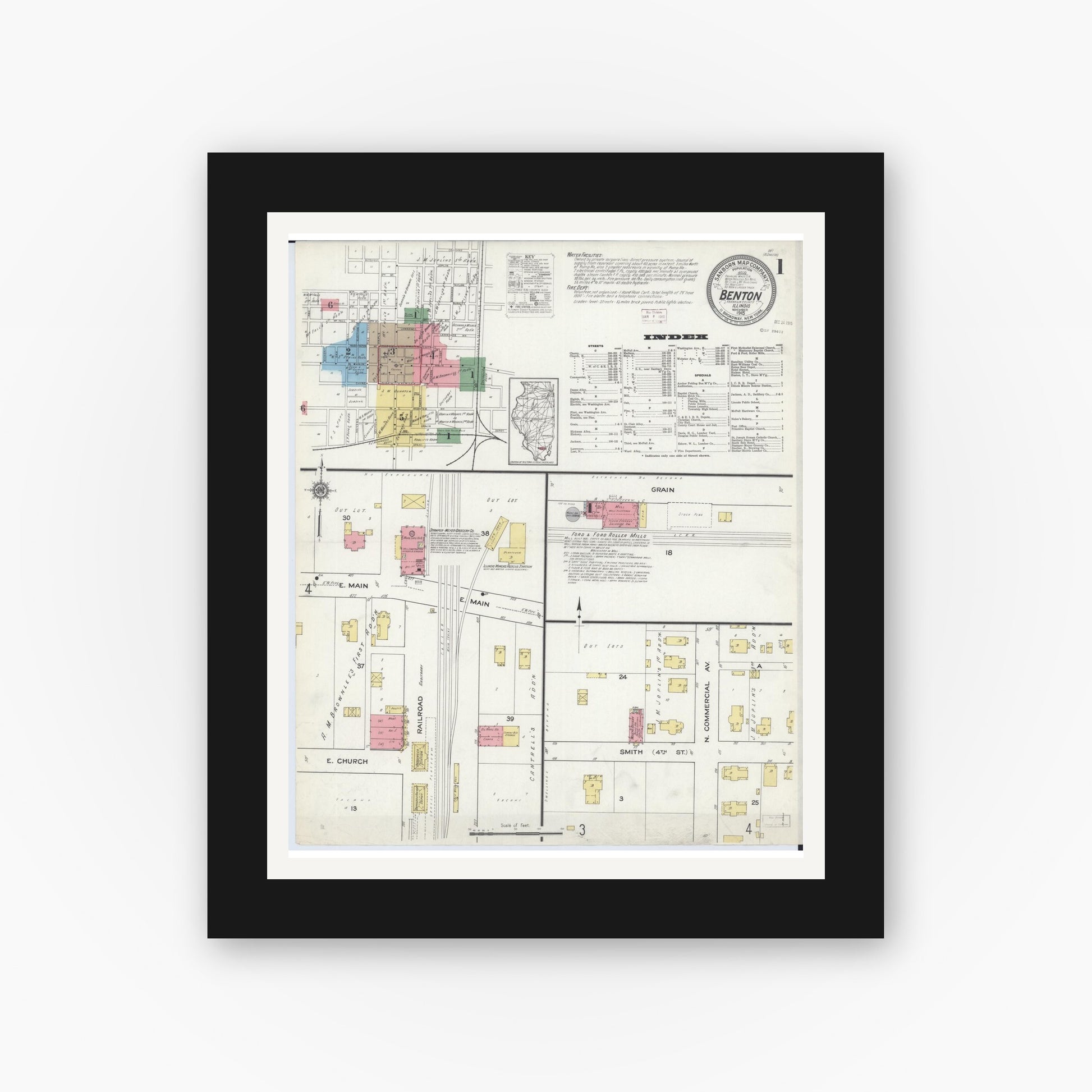 Old map wall art mockup — black gallery frame with white mat — Sanborn Fire Insurance Map from Benton, Franklin County, Illinois (1915) - Complete Map Set
