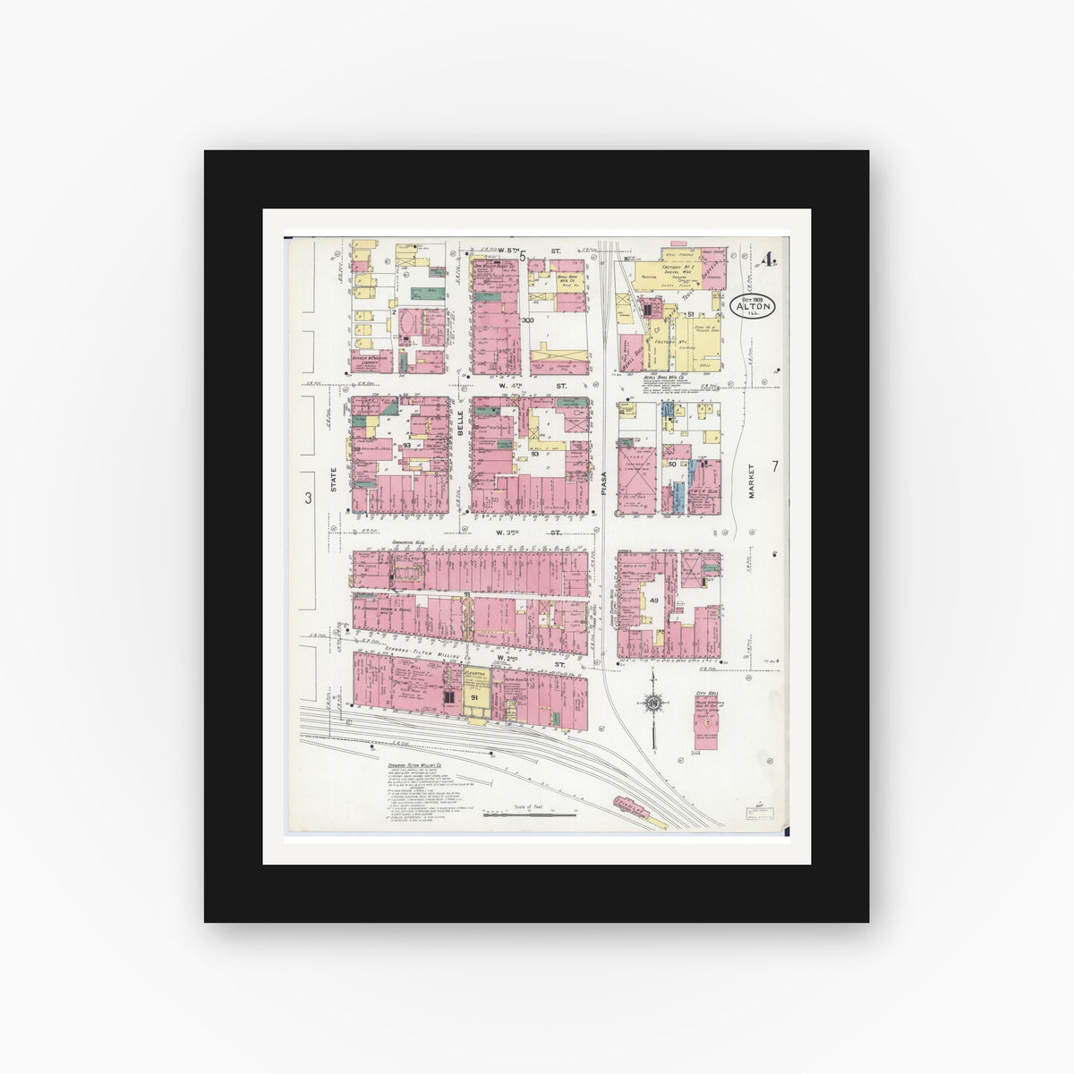 Old map wall art mockup — black gallery frame with white mat — Sanborn Fire Insurance Map from Alton, Madison County, Illinois (1909), Sheet #0004