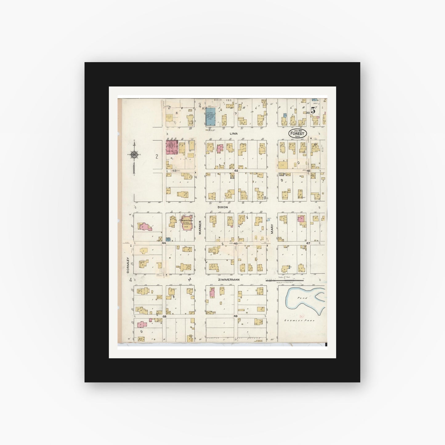 Old map wall art mockup — black gallery frame with white mat — Sanborn Fire Insurance Map from Forest, Hardin County, Ohio (1932), Sheet #0005